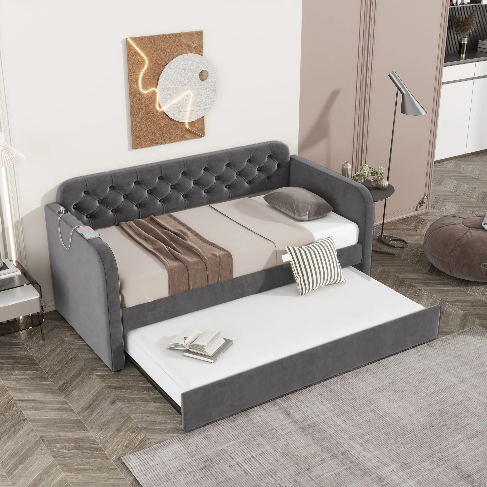 Upholstered Daybed With Trundle And USB Charging Design - Image 10