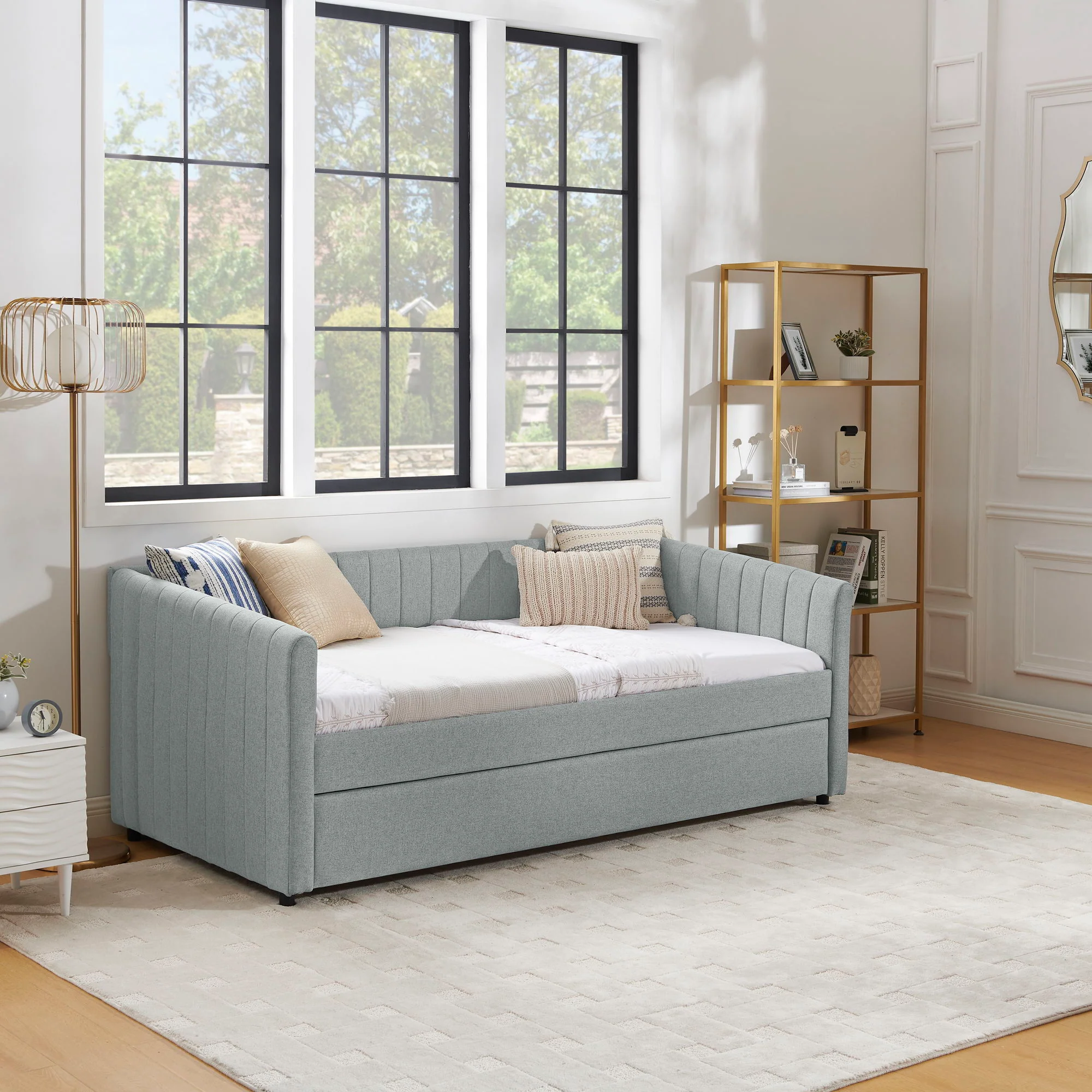 Upholstered Daybed With Trundle With Vertical Stripes - Image 19