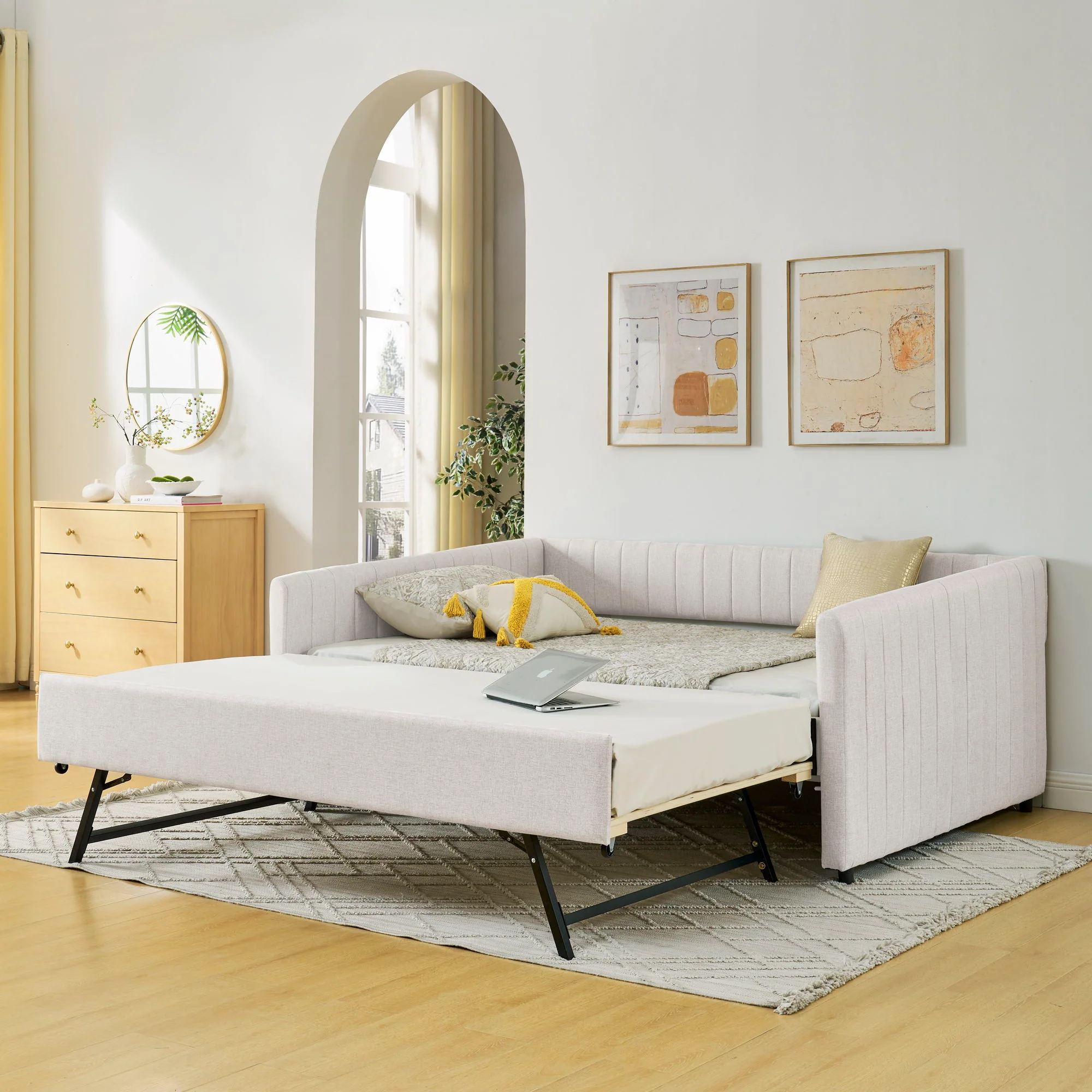 Upholstered Daybed With Trundle With Vertical Stripes - Image 22