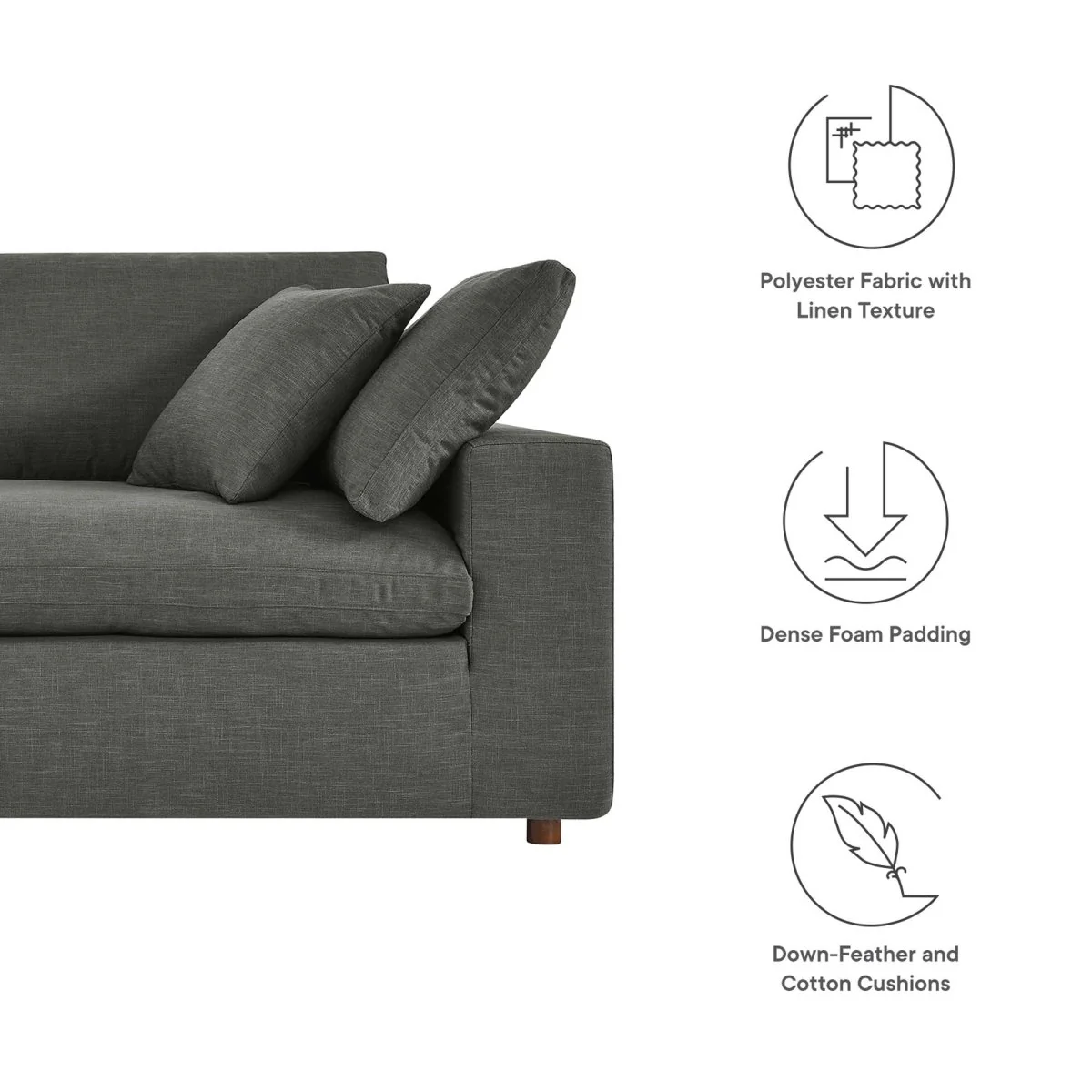 Upholstered Down-Filled Overstuffed Sofa with Linen Texture in Gray - Image 2