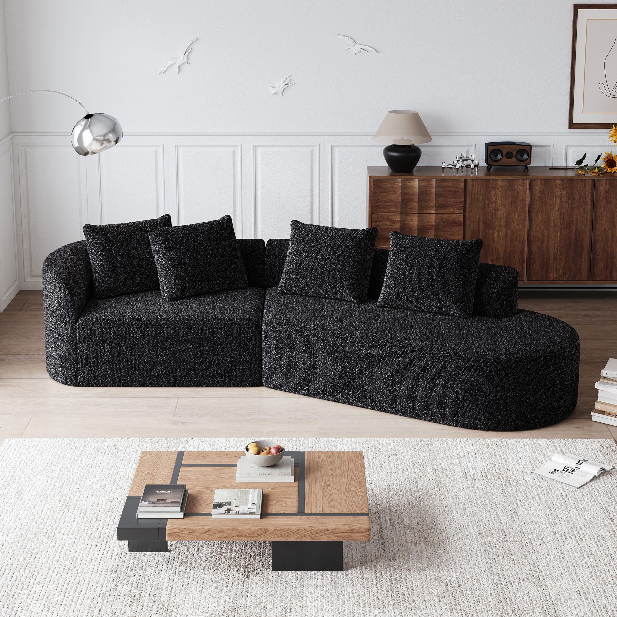 Upholstered Oversized Sectional Sofa, 4 Seater Extra Deep & Wide Curved Cloud Couch With 4 Throw Pillows For Living Room - Black - Image 4