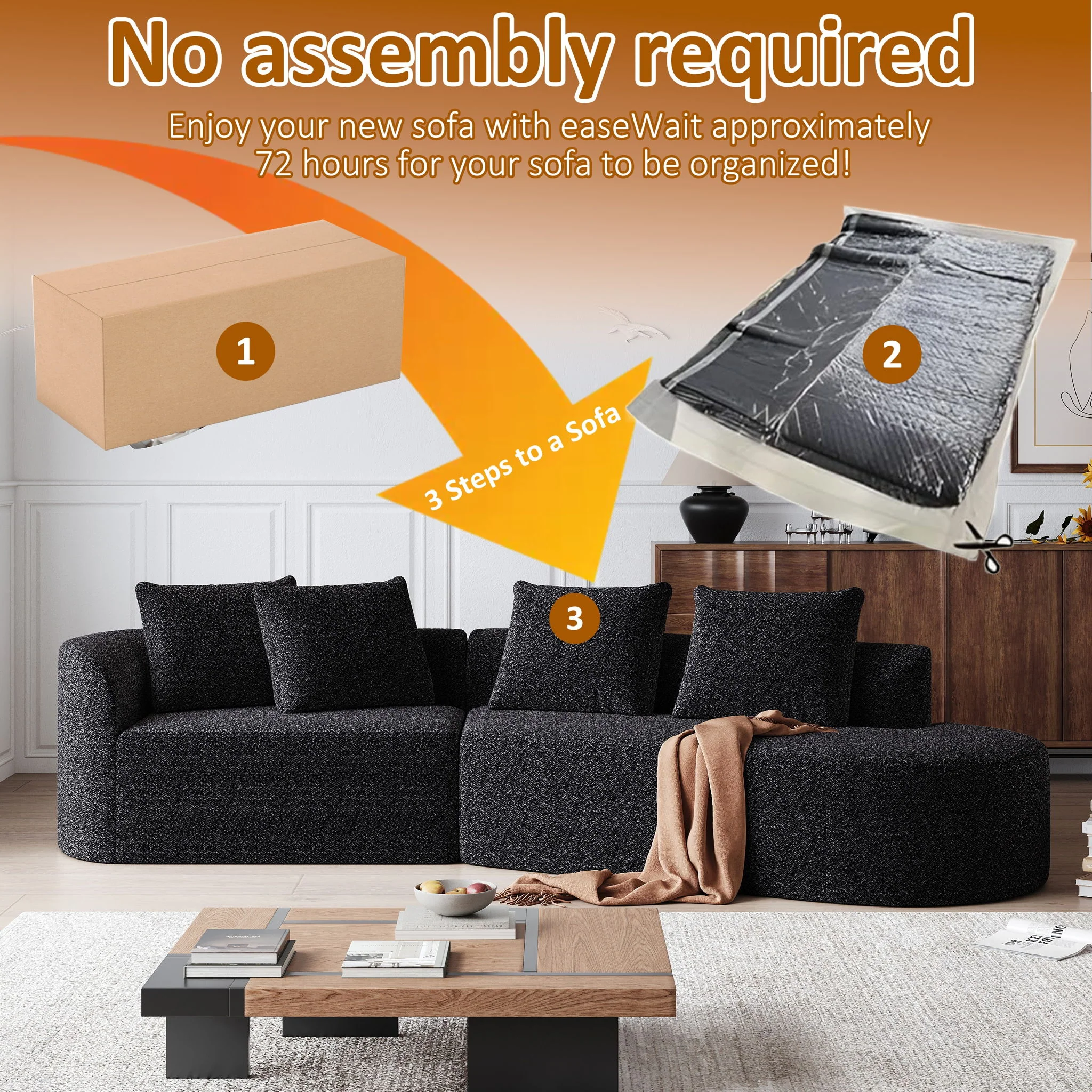 Upholstered Oversized Sectional Sofa, 4 Seater Extra Deep & Wide Curved Cloud Couch With 4 Throw Pillows For Living Room - Black - Image 6