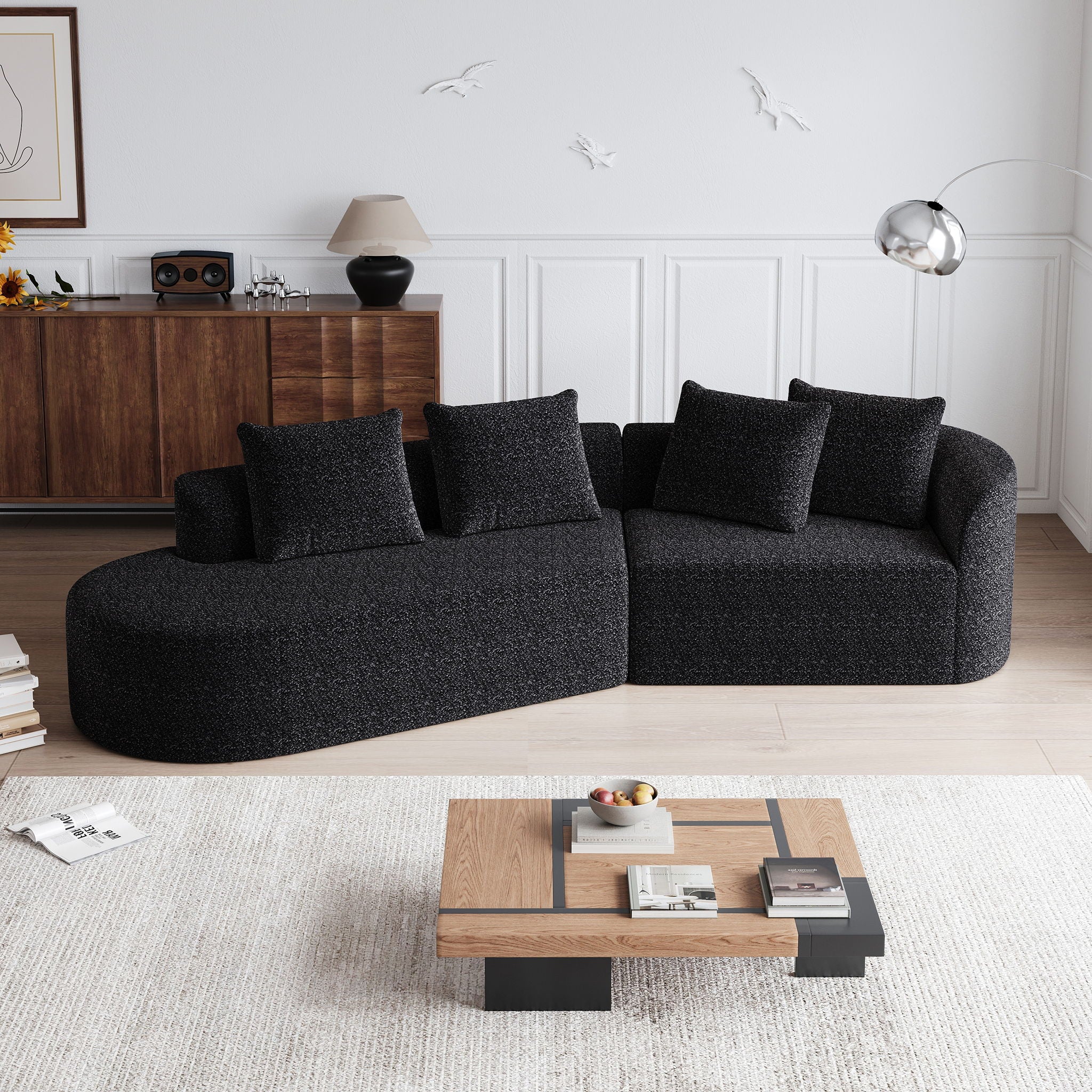 Upholstered Oversized Sectional Sofa, 4 Seater Extra Deep & Wide Seat Curved Cloud Couch With 4 Throw Pillows, Free Combination Living Room - Black - Image 3