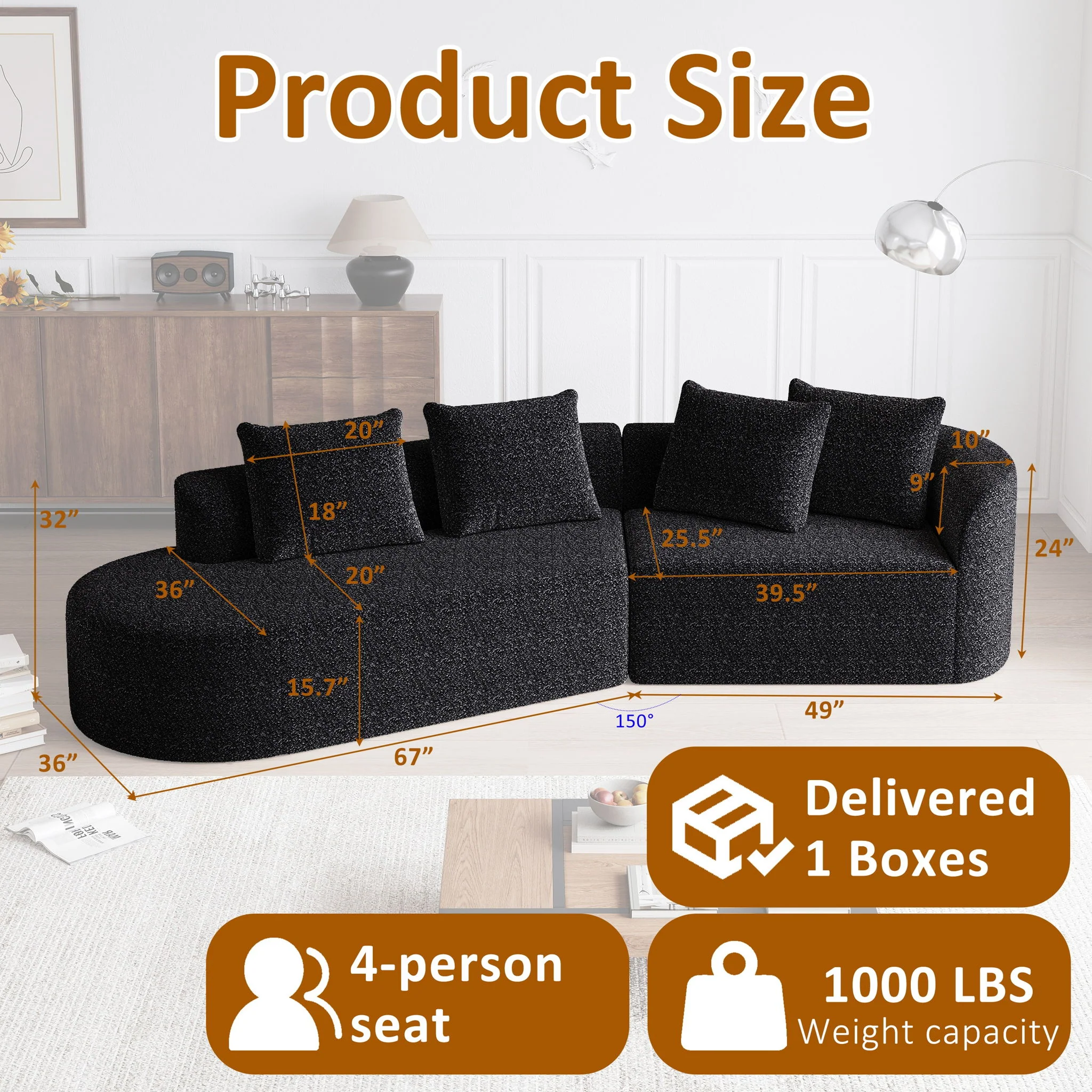 Upholstered Oversized Sectional Sofa, 4 Seater Extra Deep & Wide Seat Curved Cloud Couch With 4 Throw Pillows, Free Combination Living Room - Black - Image 6