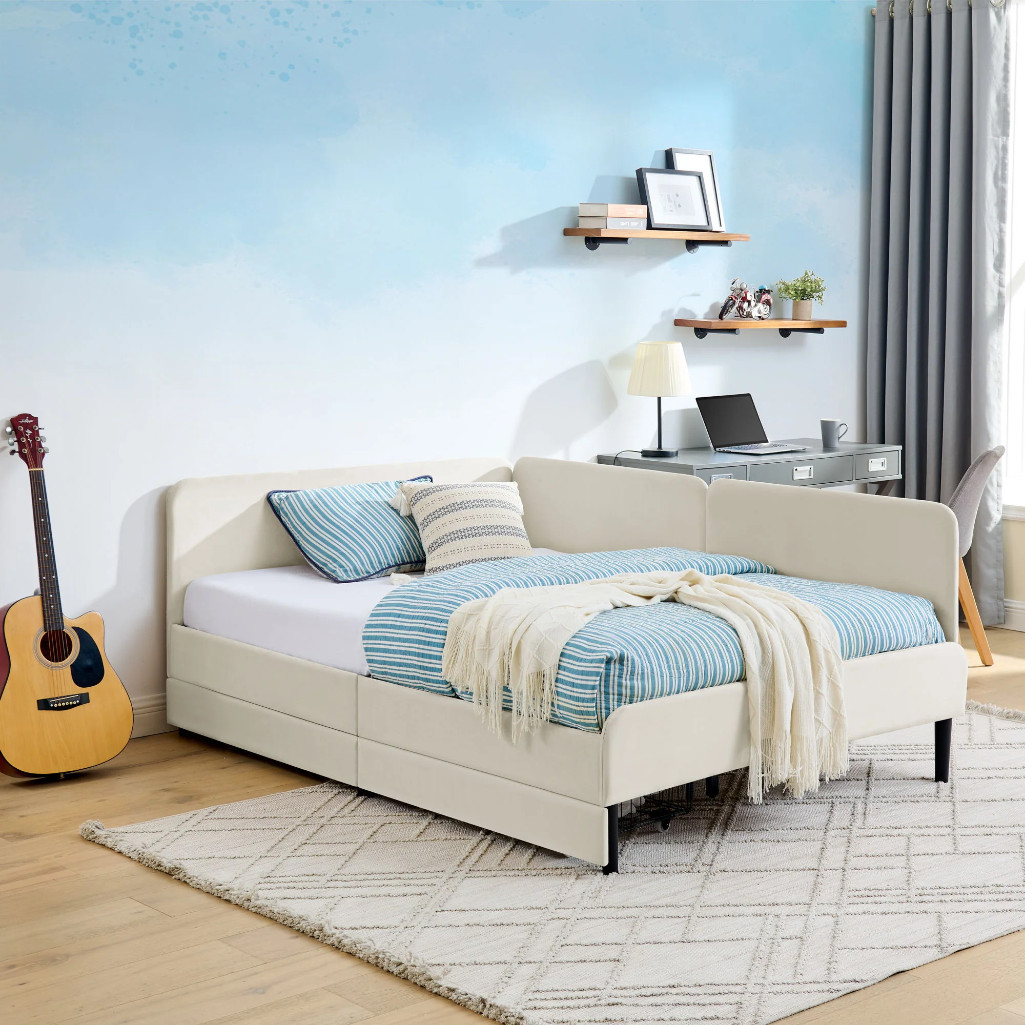 Upholstered Platform Bed Frame With 2 Storage Drawers And Adjustable Sofa Bed - Image 9