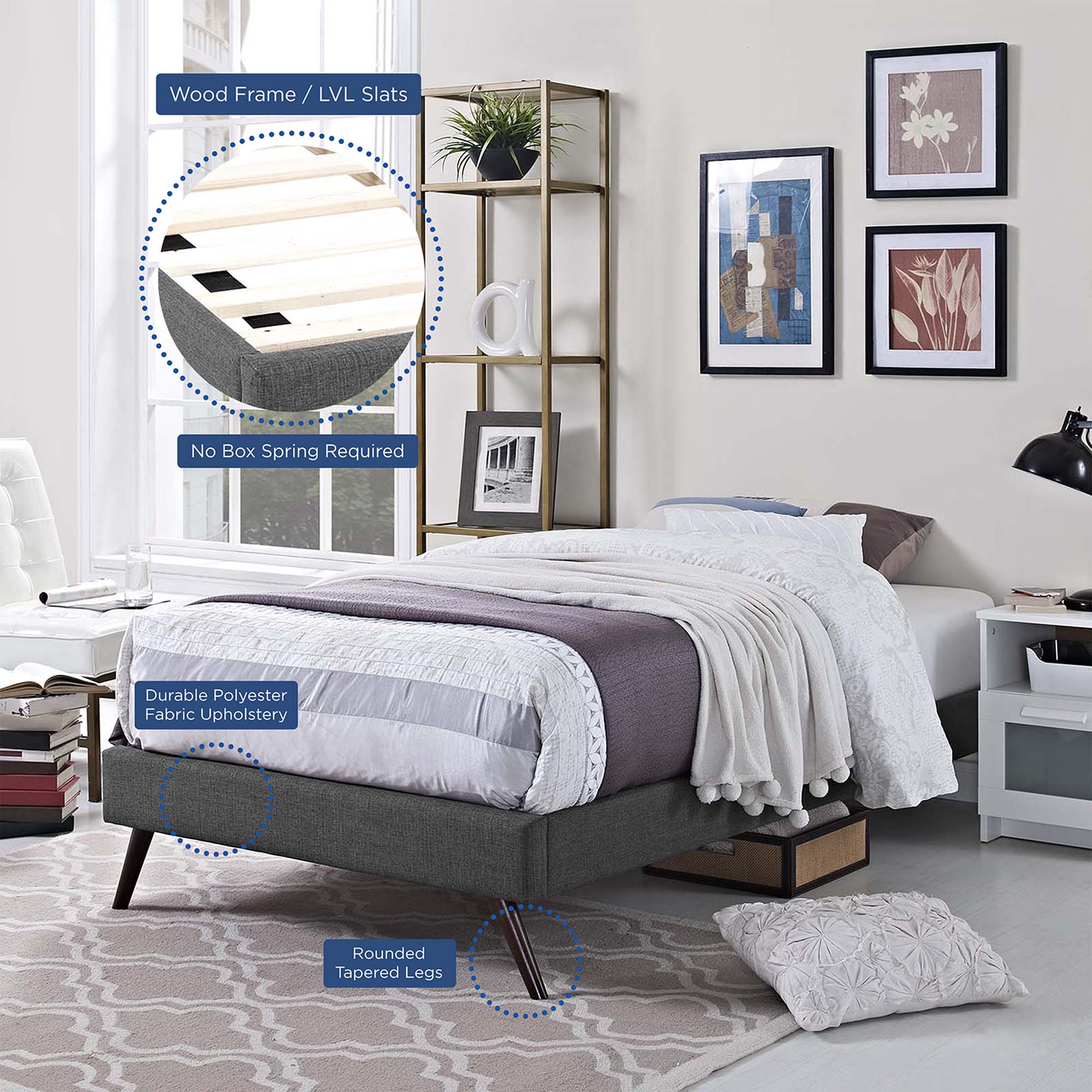 Upholstered Platform Bed Frame with Round Splayed Legs - Image 10