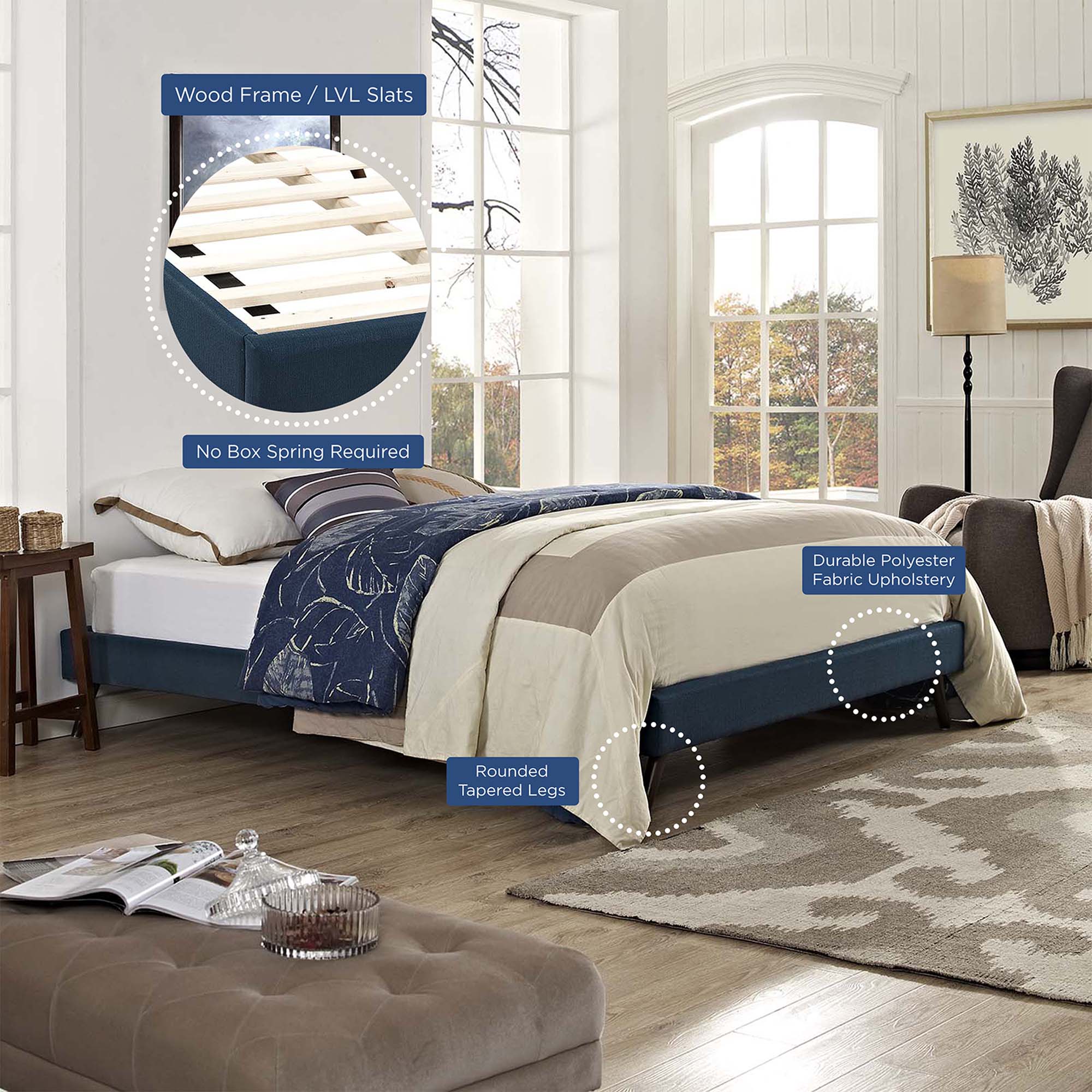 Upholstered Platform Bed Frame with Round Splayed Legs - Image 20