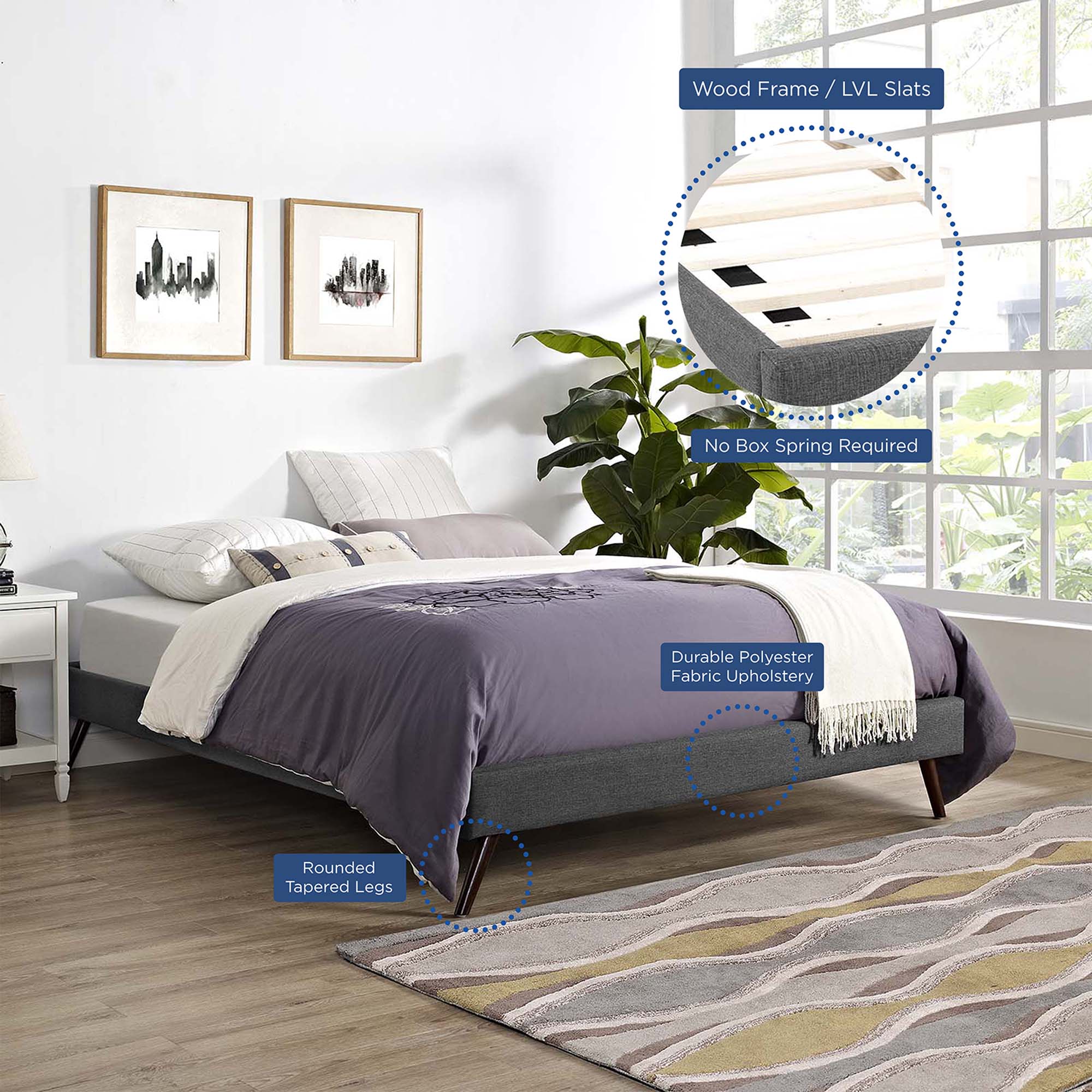 Upholstered Platform Bed Frame with Round Splayed Legs - Image 40
