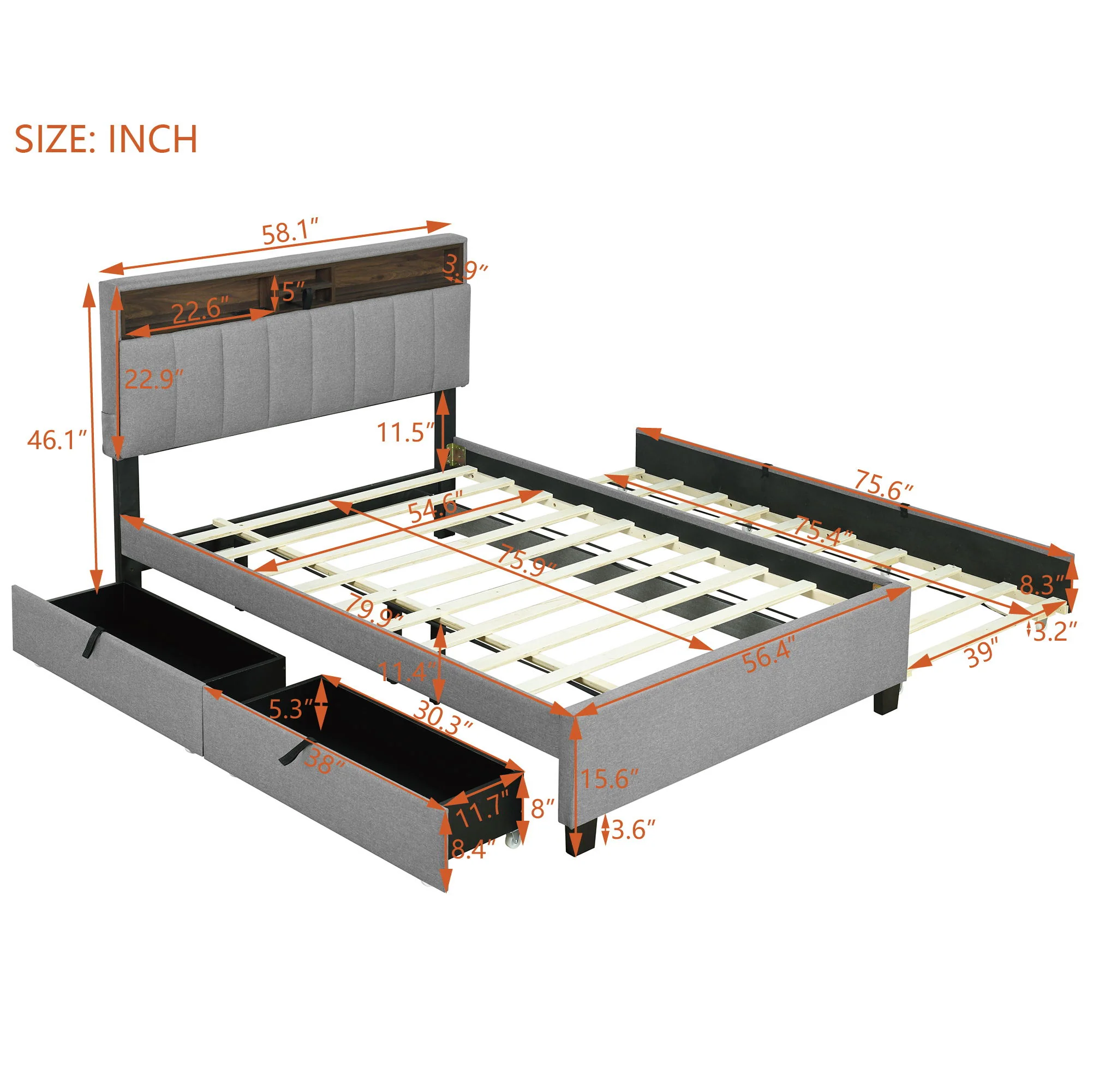 Upholstered Platform Bed With Storage Headboard, Trundle & 2 Drawers And A Set Of Sockets & USB Ports - Image 14