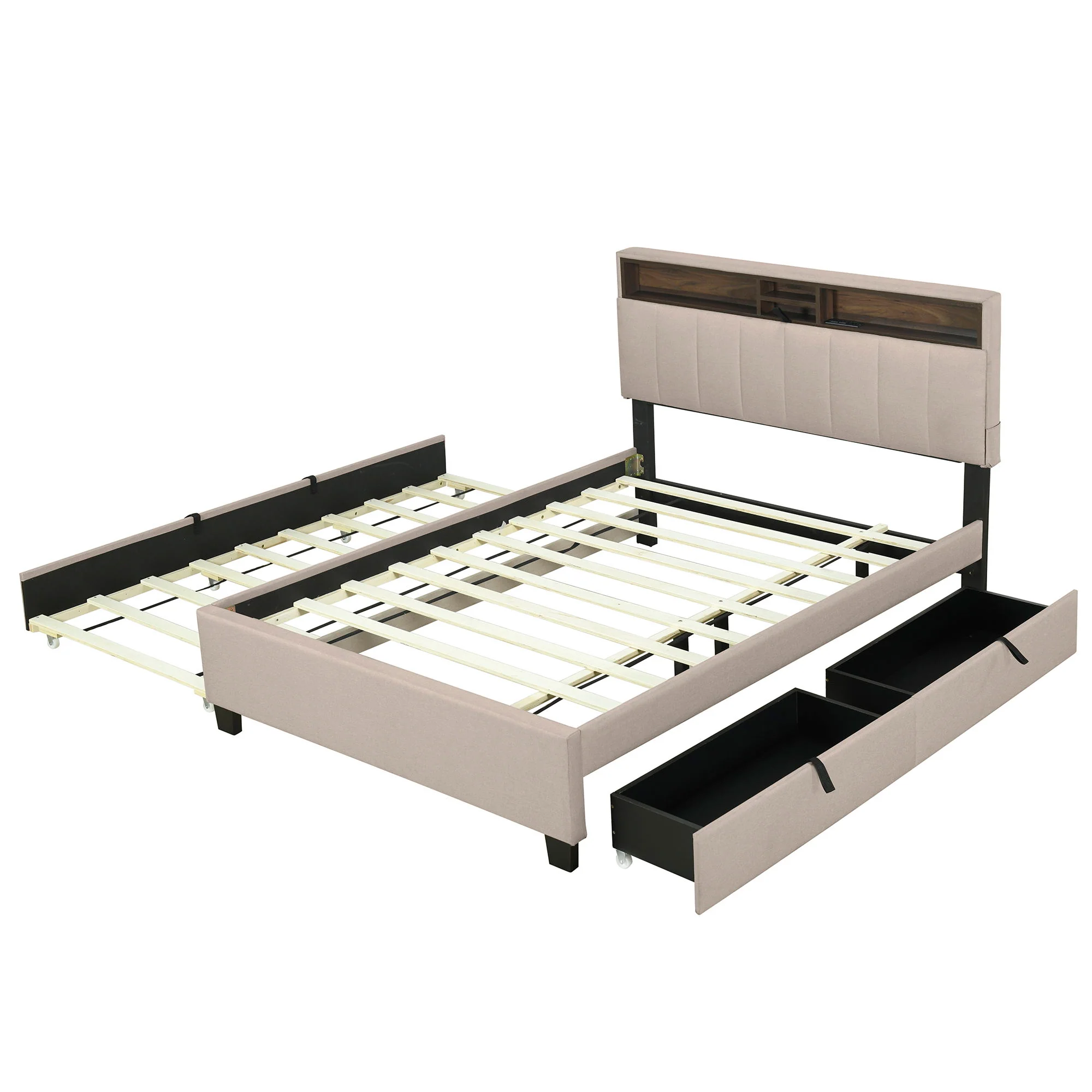 Upholstered Platform Bed With Storage Headboard, Trundle & 2 Drawers And A Set Of Sockets & USB Ports - Image 19