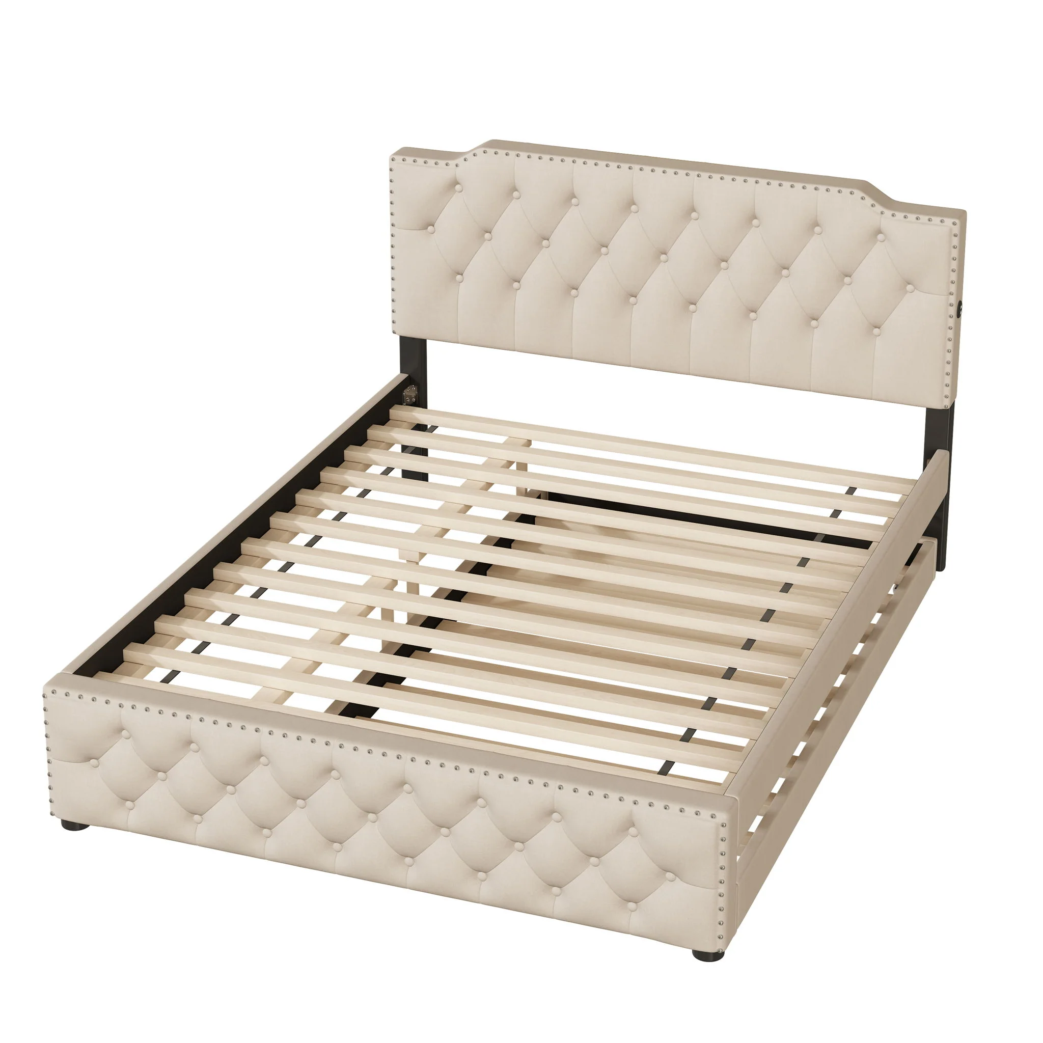 Upholstered Platform Bed With Trundle And 2 Sets Of USB Ports On Each Side, Fabric - Image 12