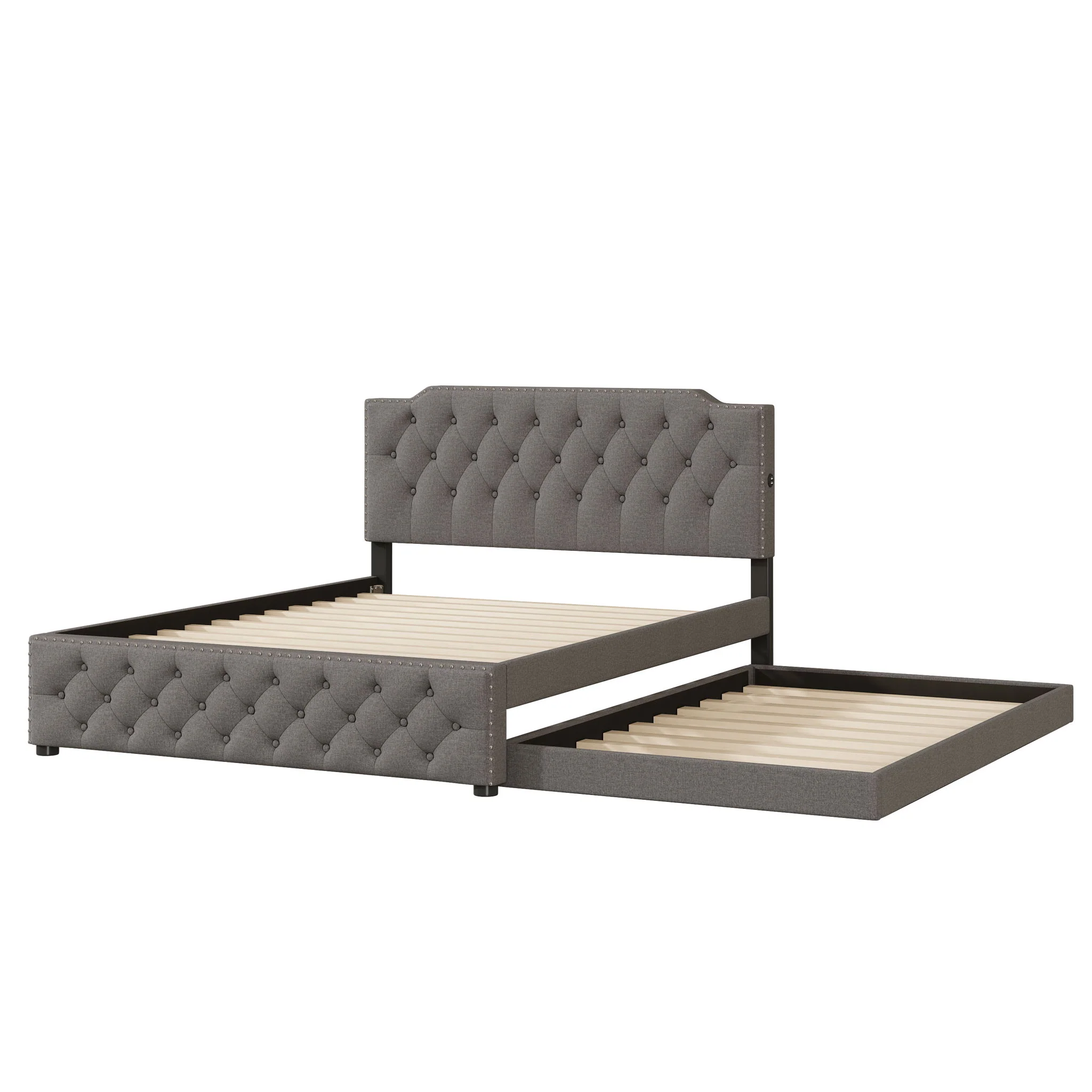 Upholstered Platform Bed With Trundle And 2 Sets Of USB Ports On Each Side, Fabric - Image 14