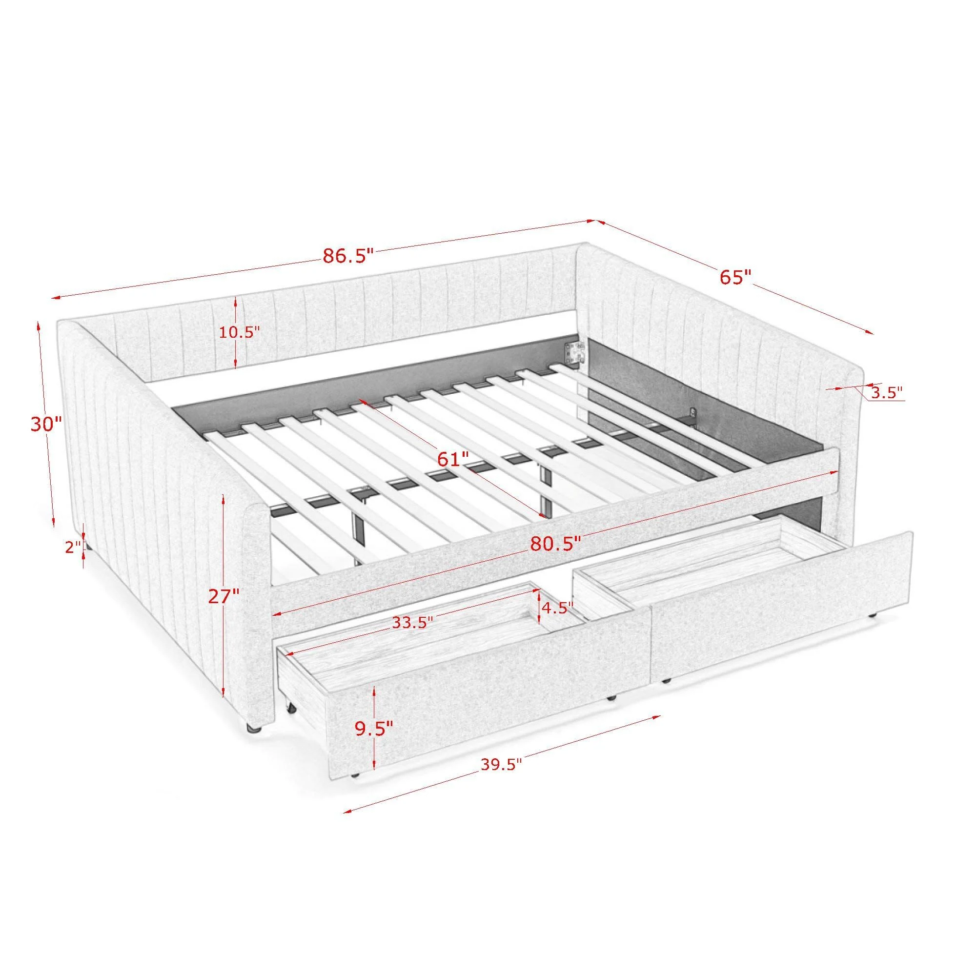Upholstered Queen Daybed With 2 Drawers - Image 3