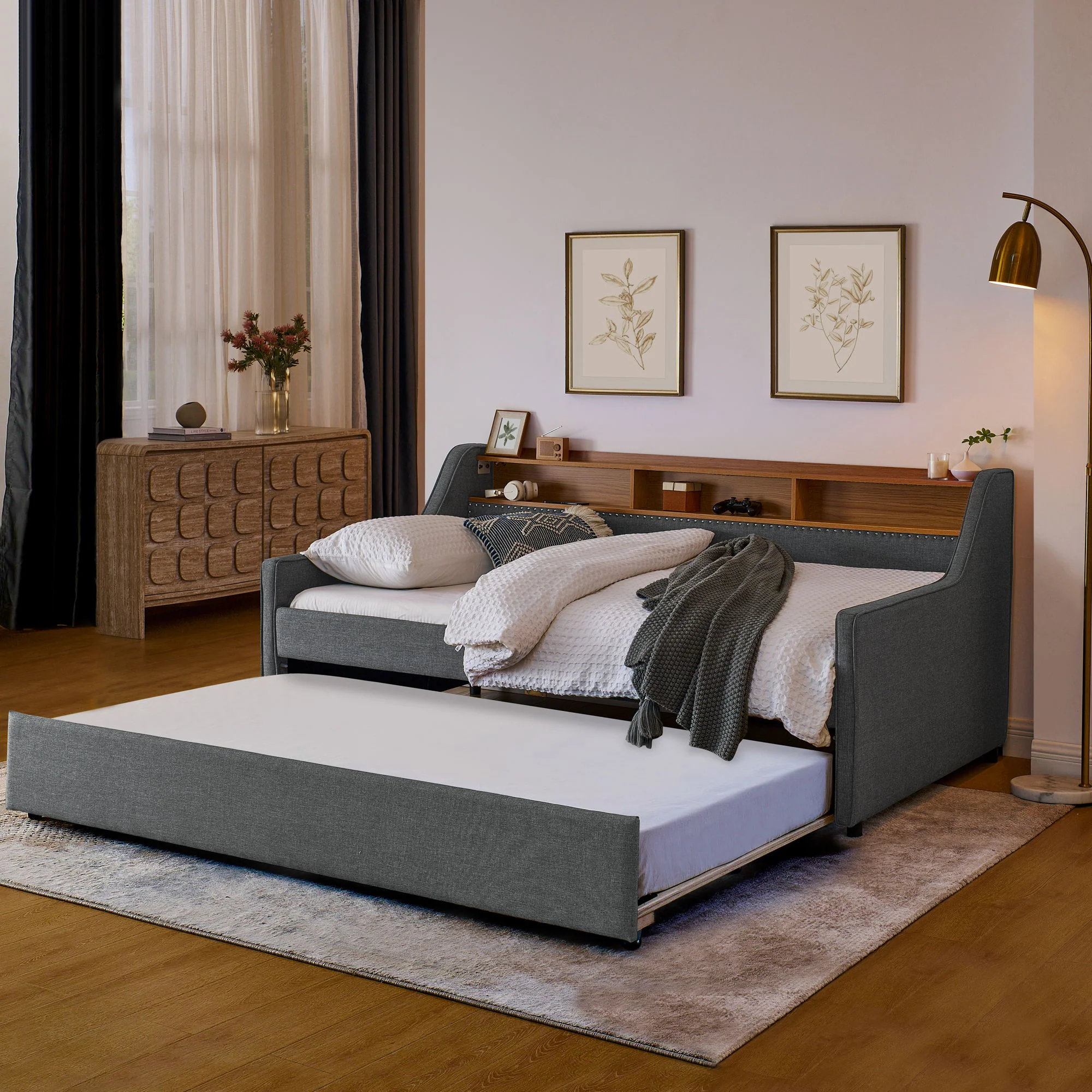 Upholstered Sofa Bed With LED Lights, Storage Headboard, Foldable Trundle & Wireless Charging - Image 14