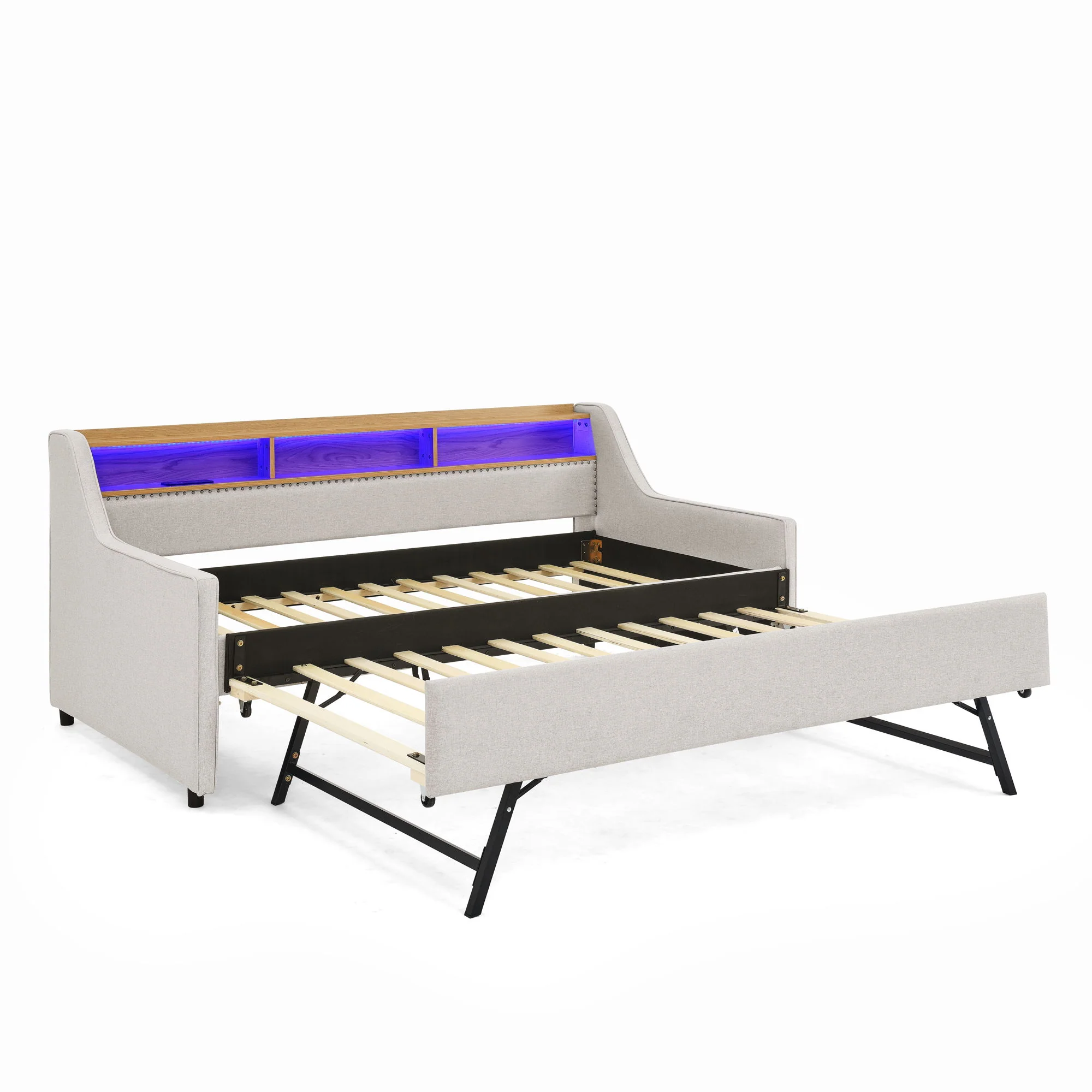 Upholstered Sofa Bed With LED Lights, Storage Headboard, Foldable Trundle & Wireless Charging - Image 2