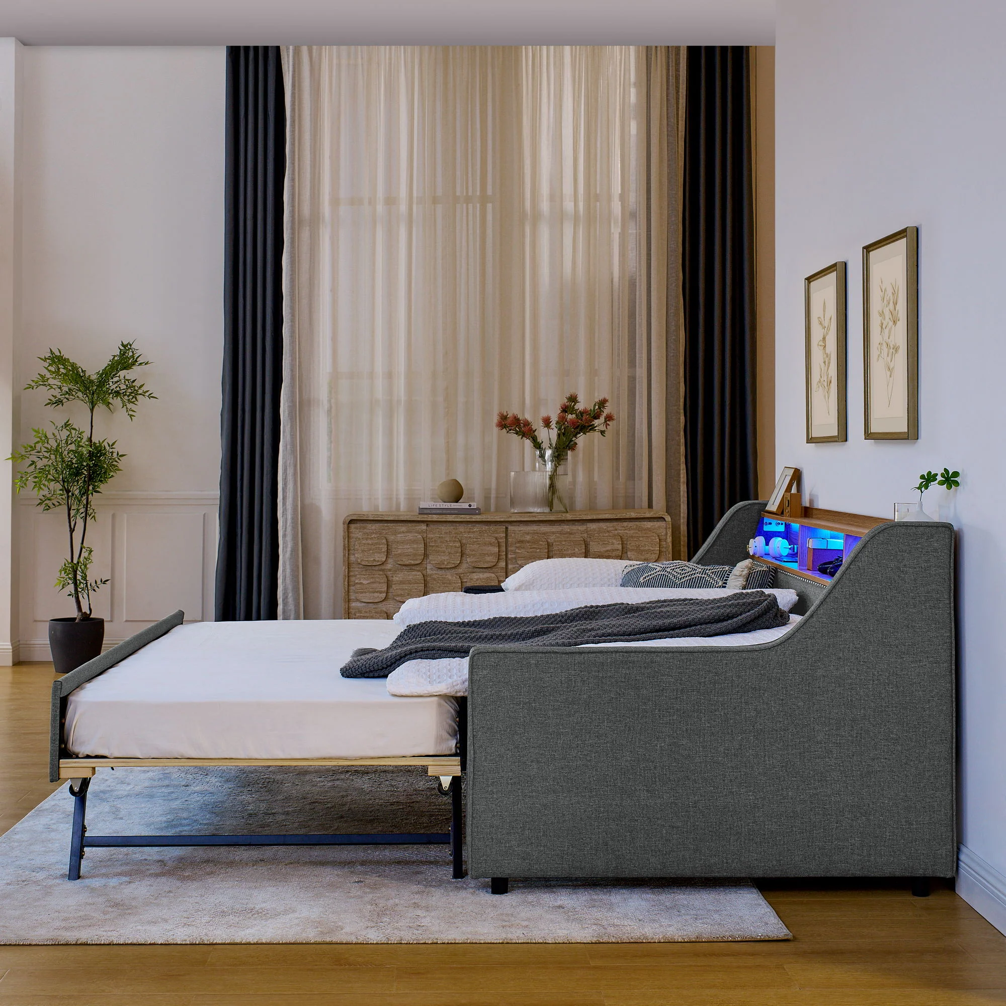 Upholstered Sofa Bed With LED Lights, Storage Headboard, Foldable Trundle & Wireless Charging - Image 5