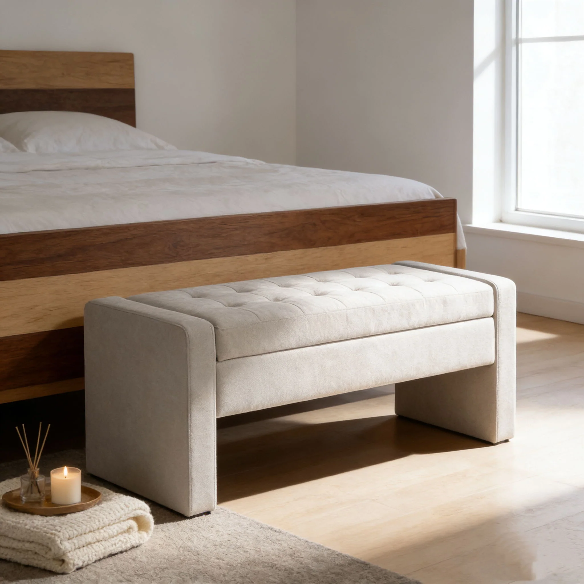Upholstered Storage Bench With Tufted Seat, Ottoman For Living Room - White - Image 2
