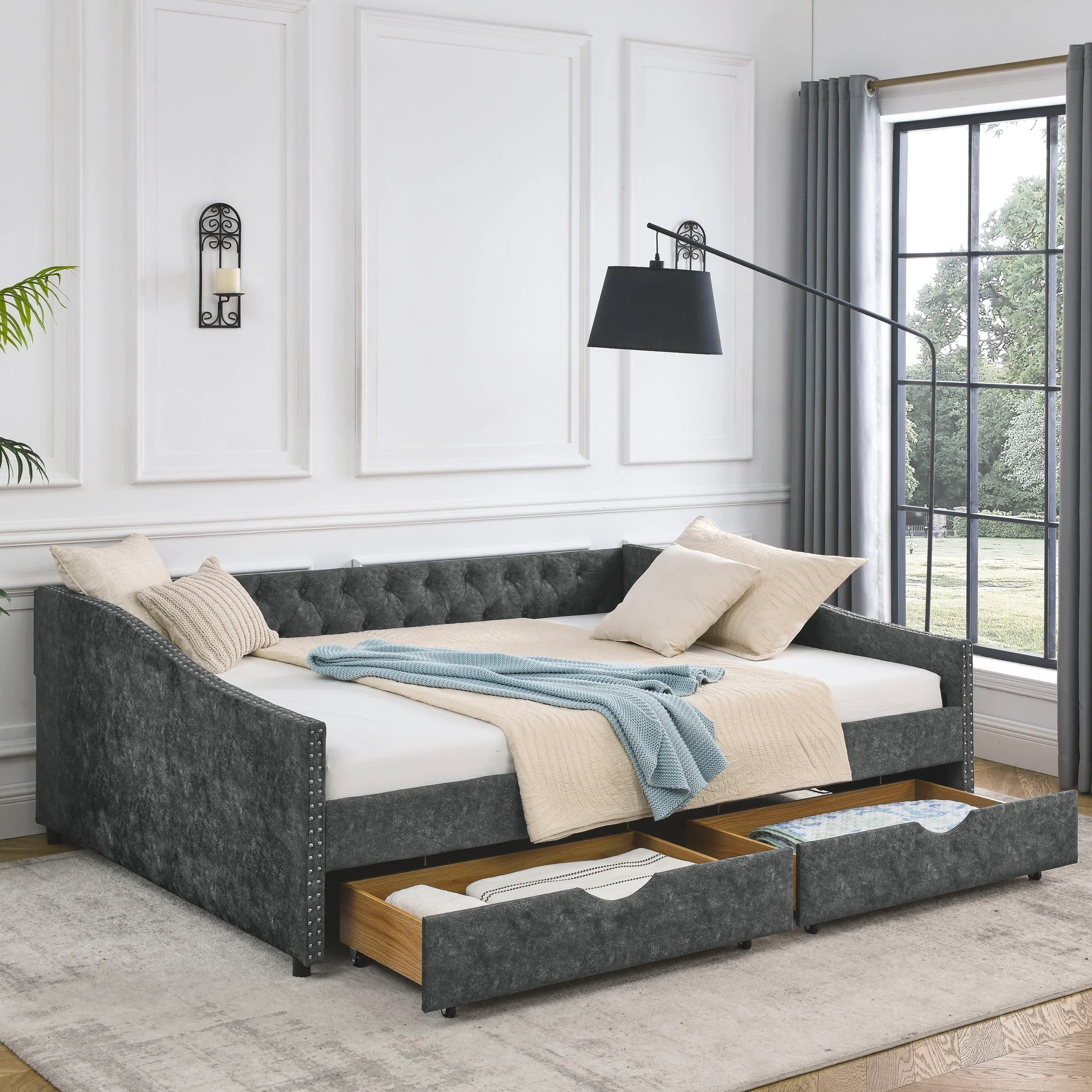 Upholstered Tufted Daybed With Drawers, Waved Arms - Image 14