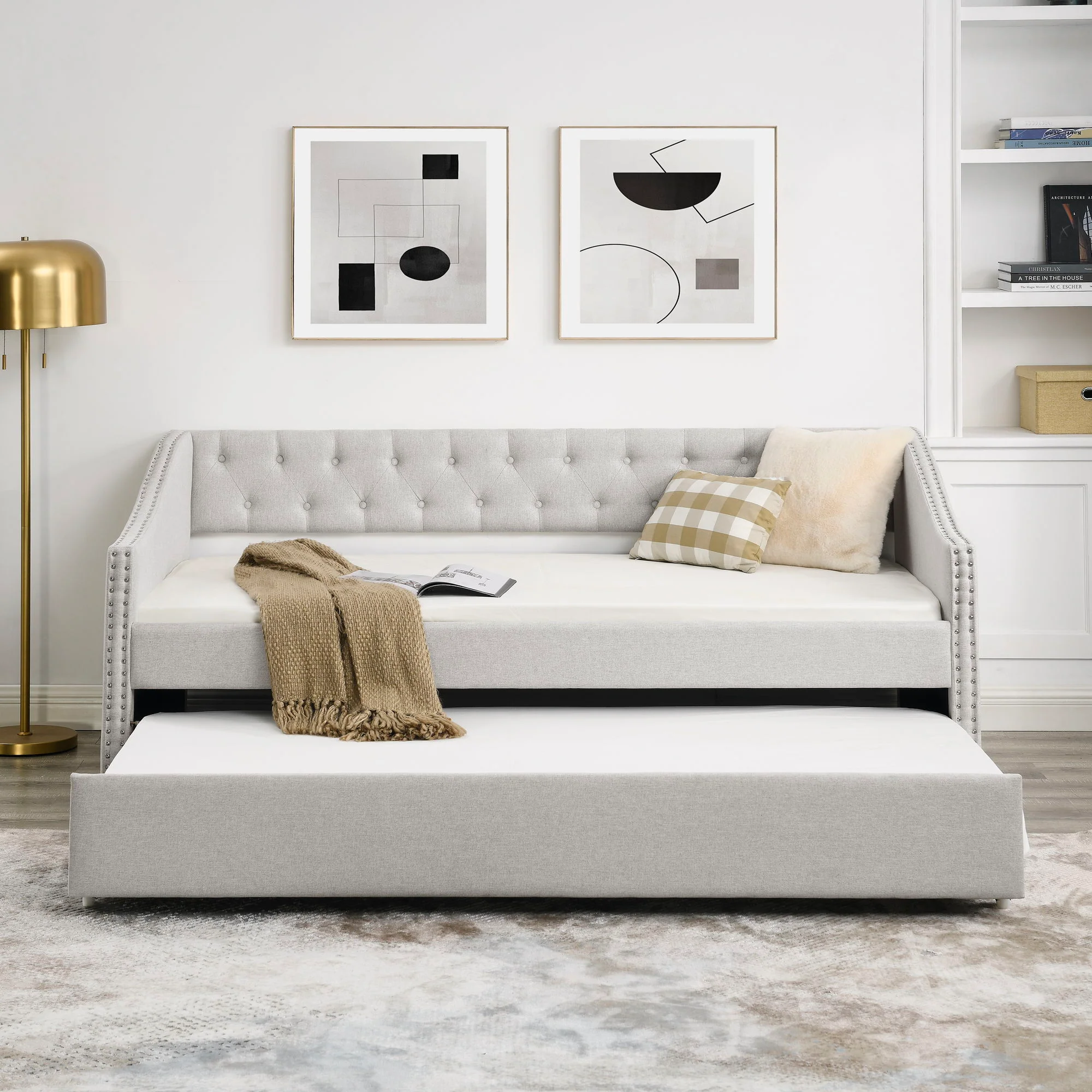 Upholstered Tufted Daybed With Drawers, Waved Arms - Image 17