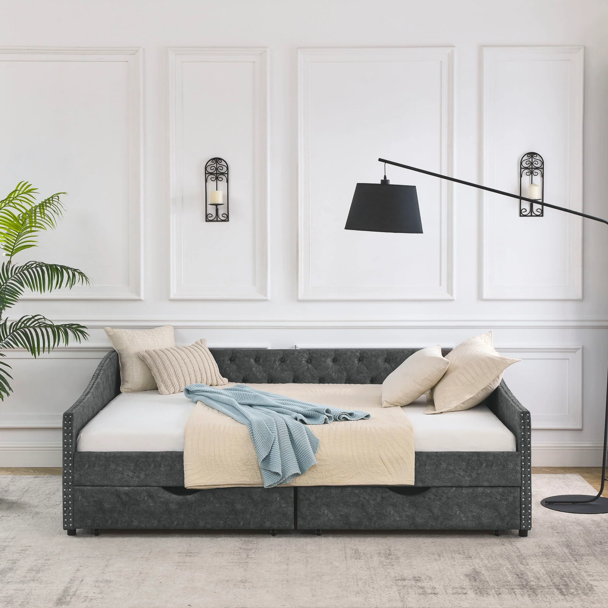 Upholstered Tufted Daybed With Drawers, Waved Arms - Image 23