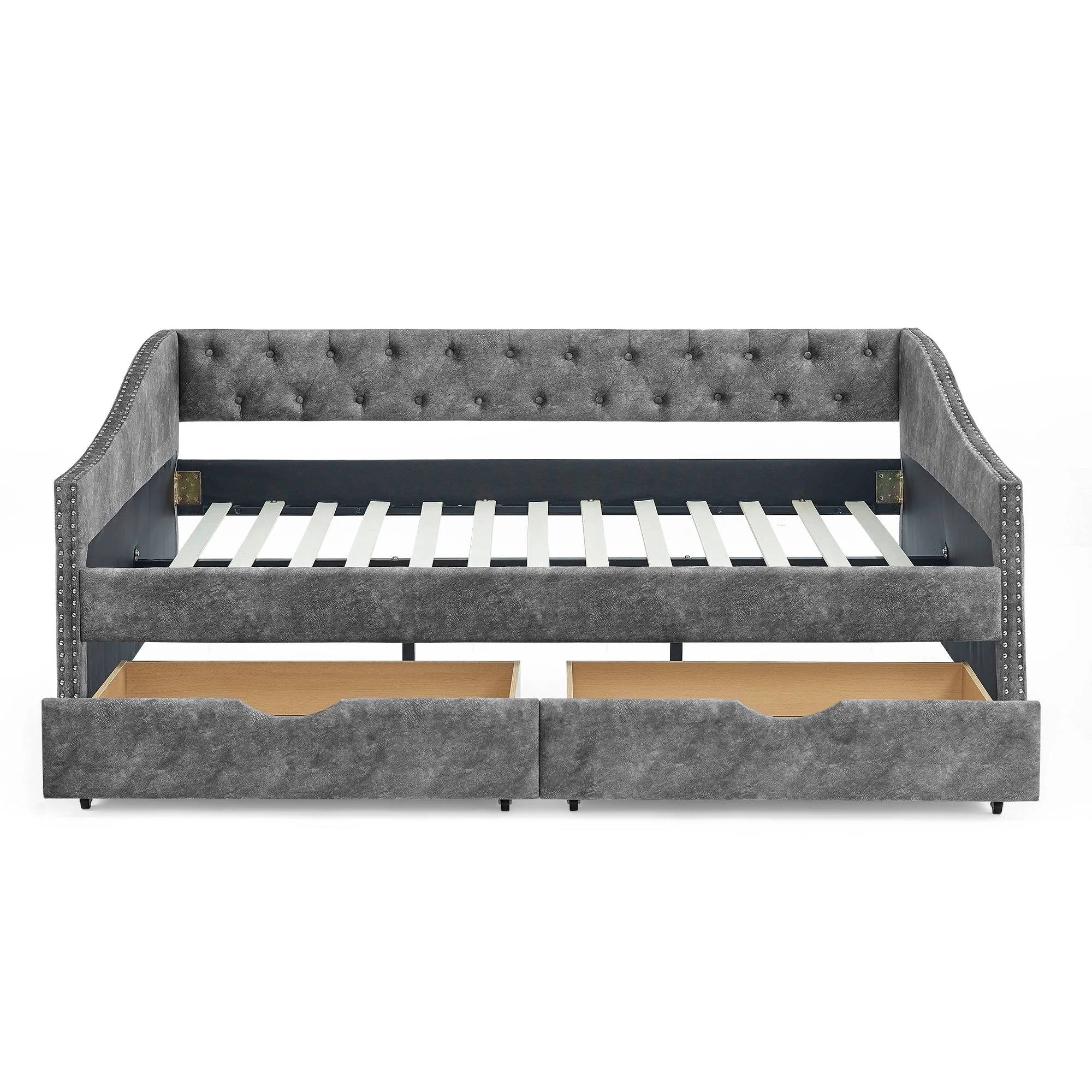 Upholstered Tufted Daybed With Drawers, Waved Arms - Image 36