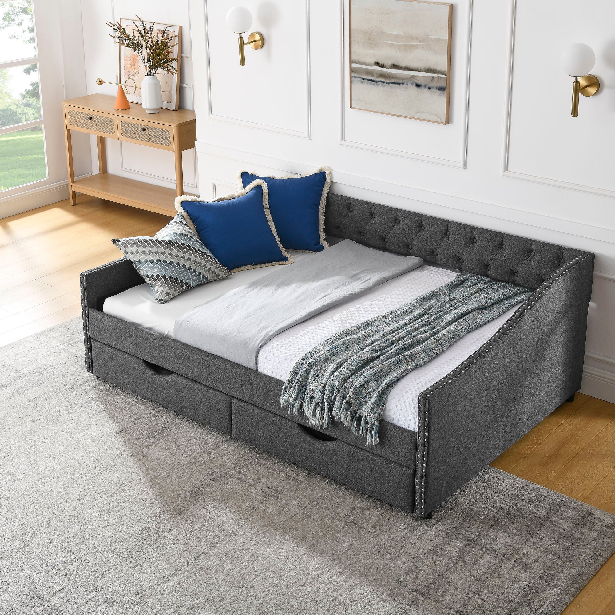 Upholstered Tufted Daybed With Drawers, Waved Arms - Image 44