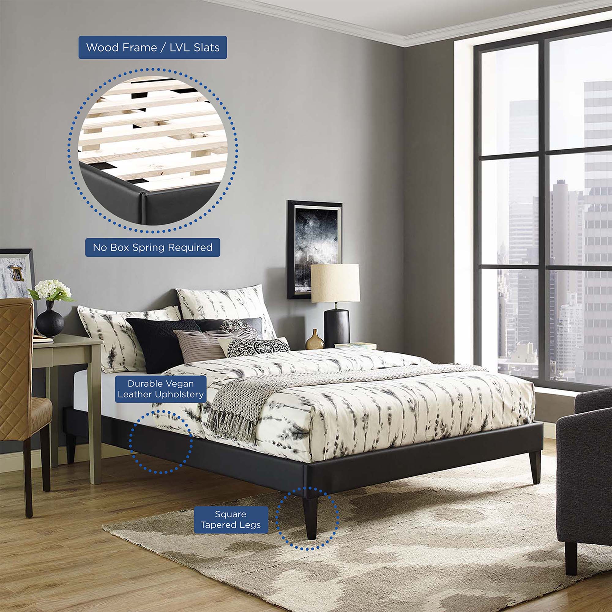 Upholstered Vinyl Platform Bed with Squared Tapered Legs - Image 2