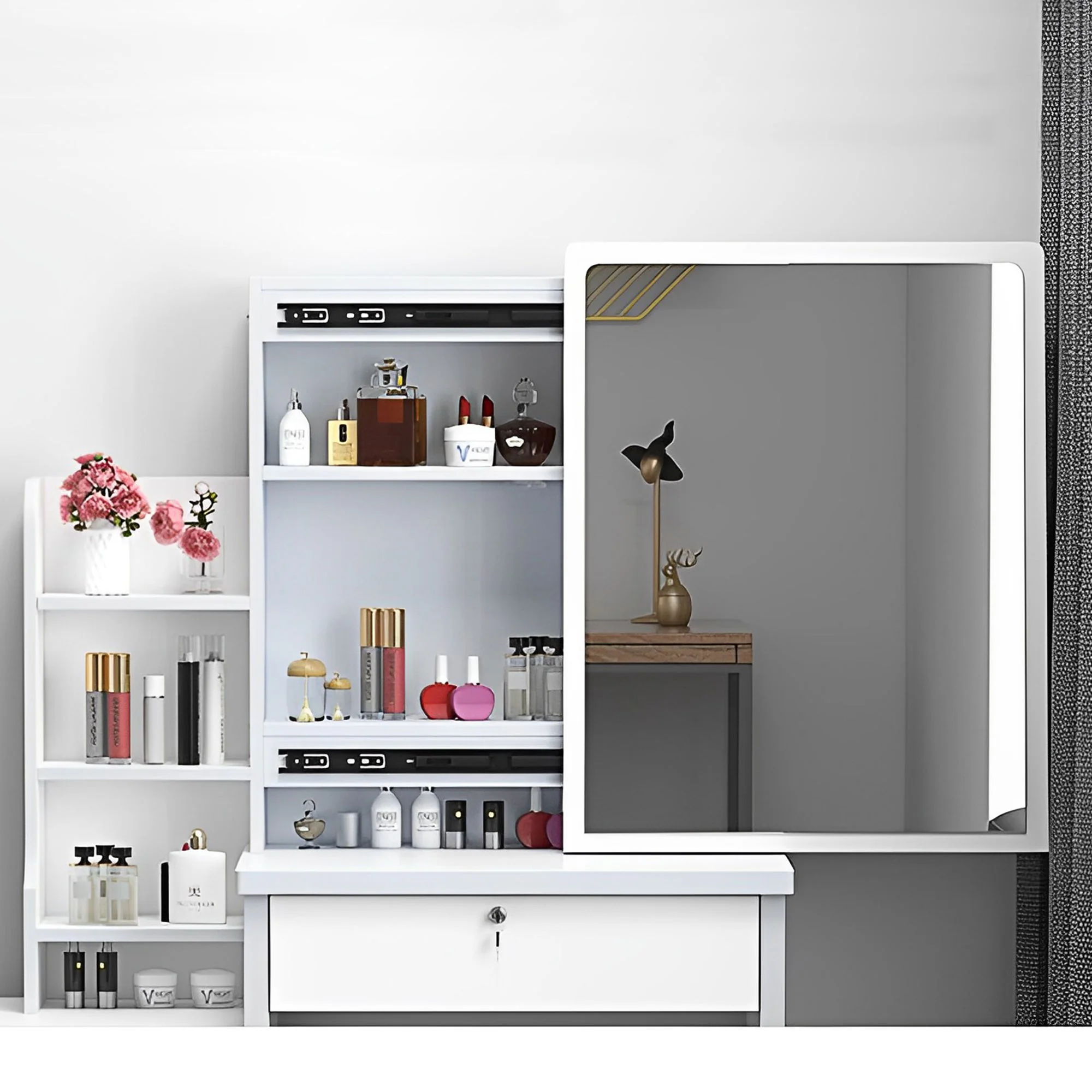Vanity Desk With Mirror And Lights For Makeup And Chair Set With 3 Adjustable LED Lighting, 4 Drawers - White - Image 7