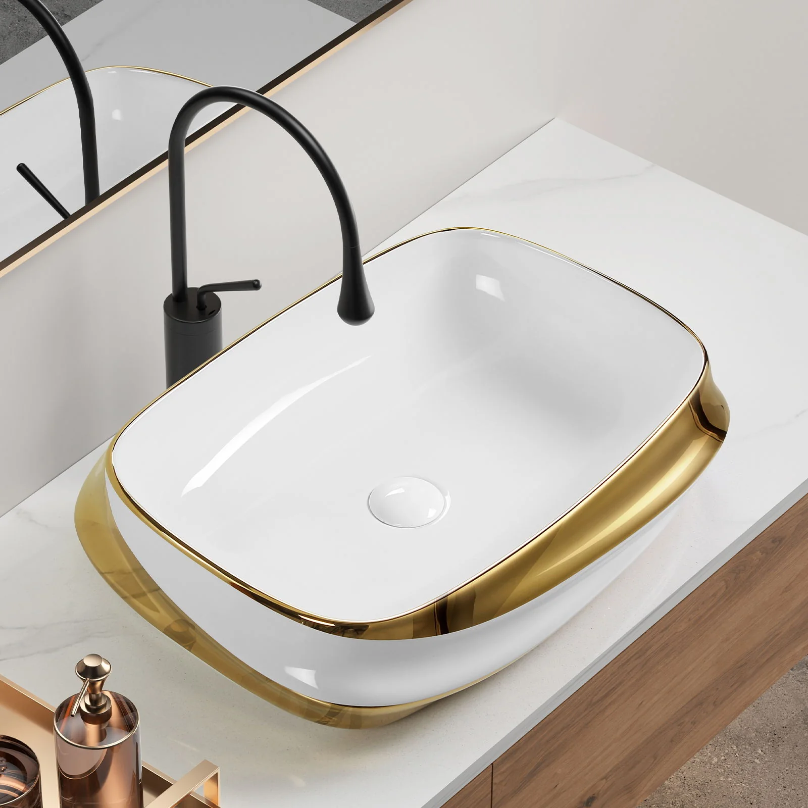 Vessel Sink, Above Counter Vanity Basin For Bathrooms - Gold / White / Milk White - Image 3