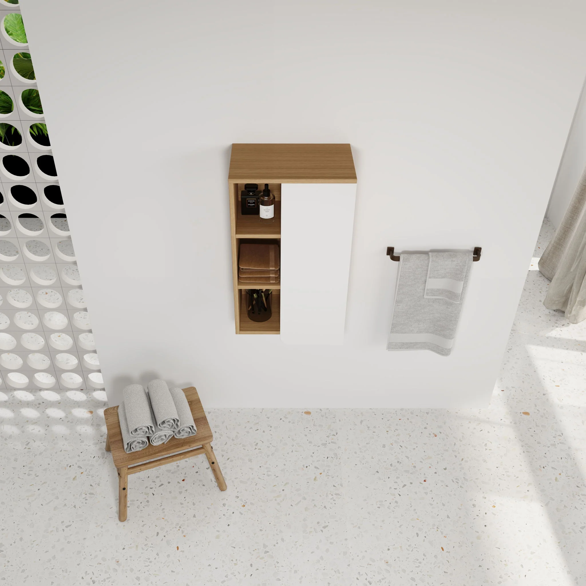 Wall Mounted Bathroom Side Cabinet, Single Door With 3 Tier Open Shelves - Black / Light Oak / White - Image 3