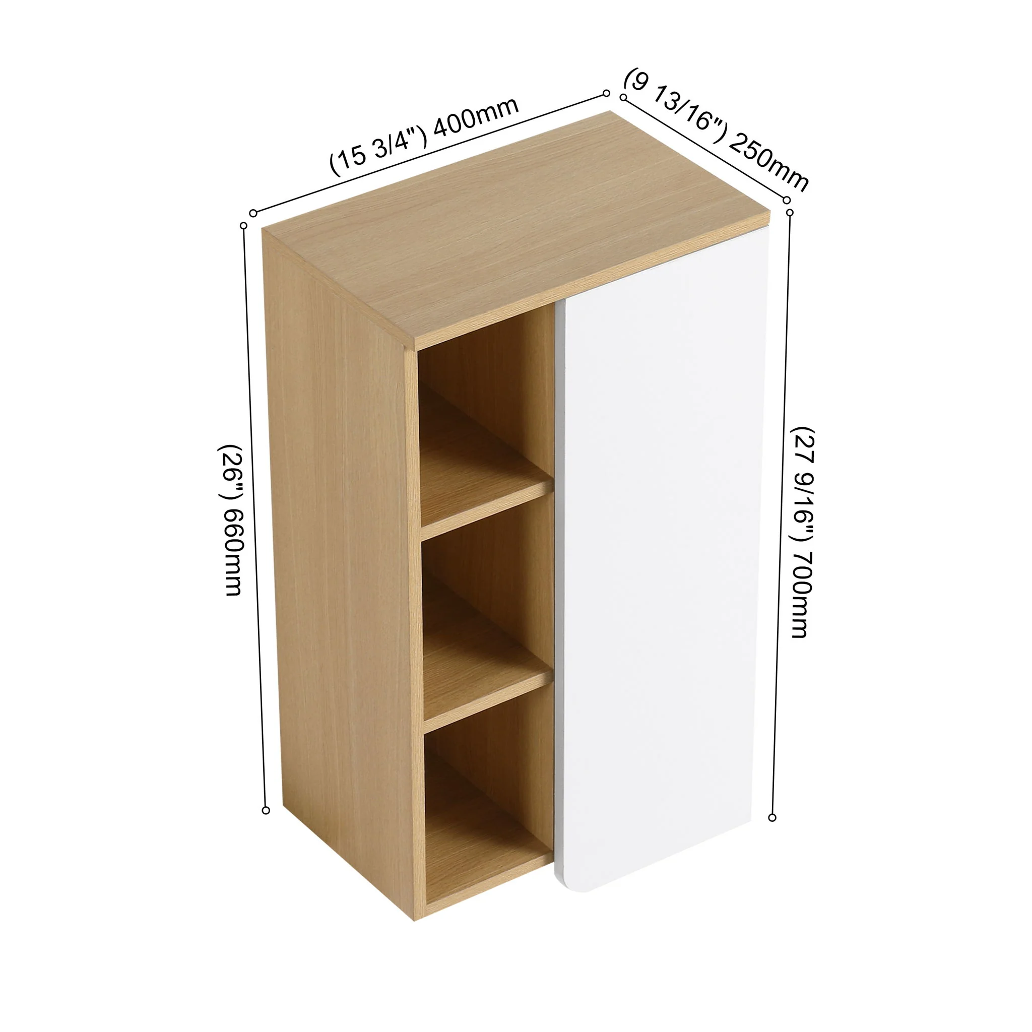Wall Mounted Bathroom Side Cabinet, Single Door With 3 Tier Open Shelves - Black / Light Oak / White - Image 5