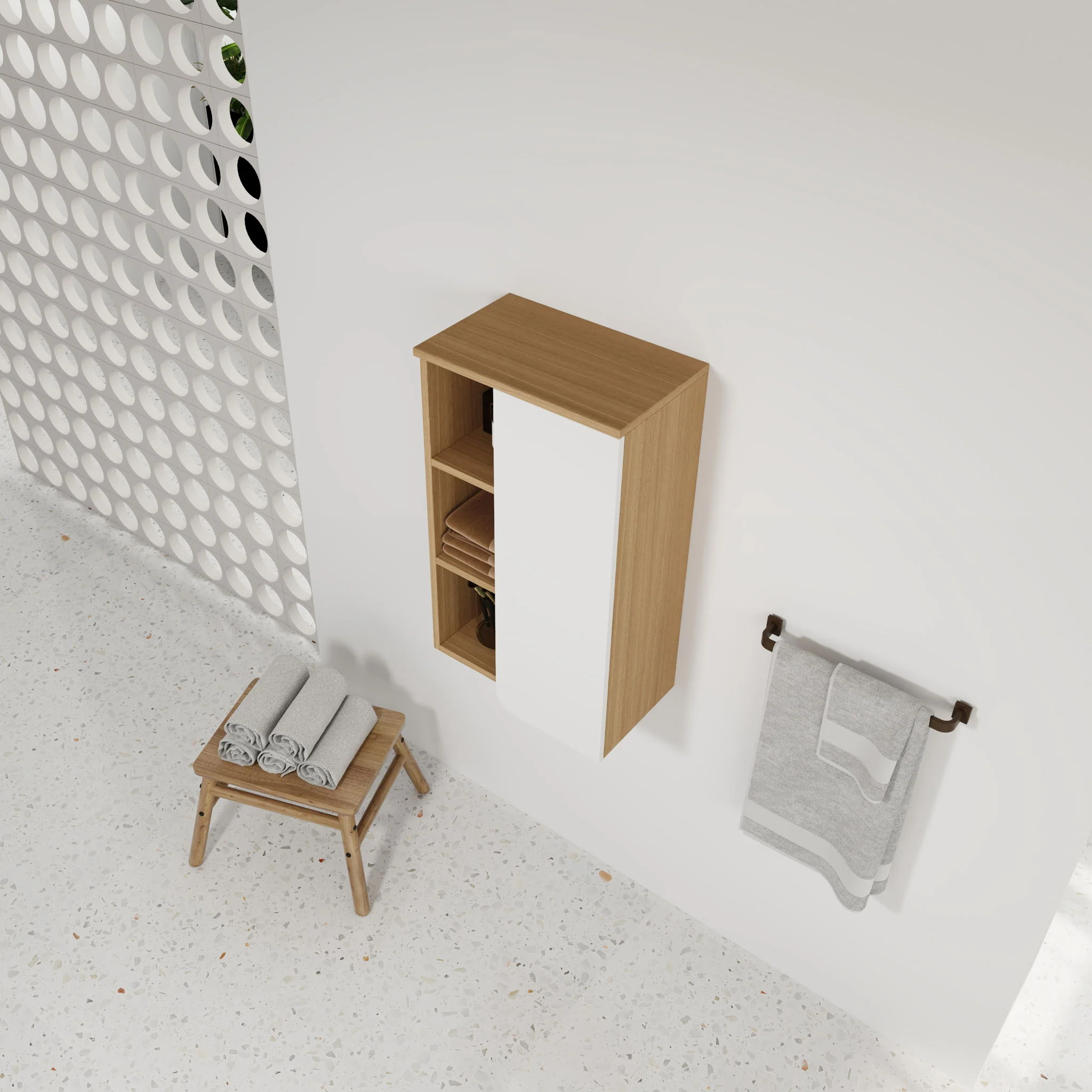 Wall Mounted Bathroom Side Cabinet, Single Door With 3 Tier Open Shelves - Black / Light Oak / White - Image 7