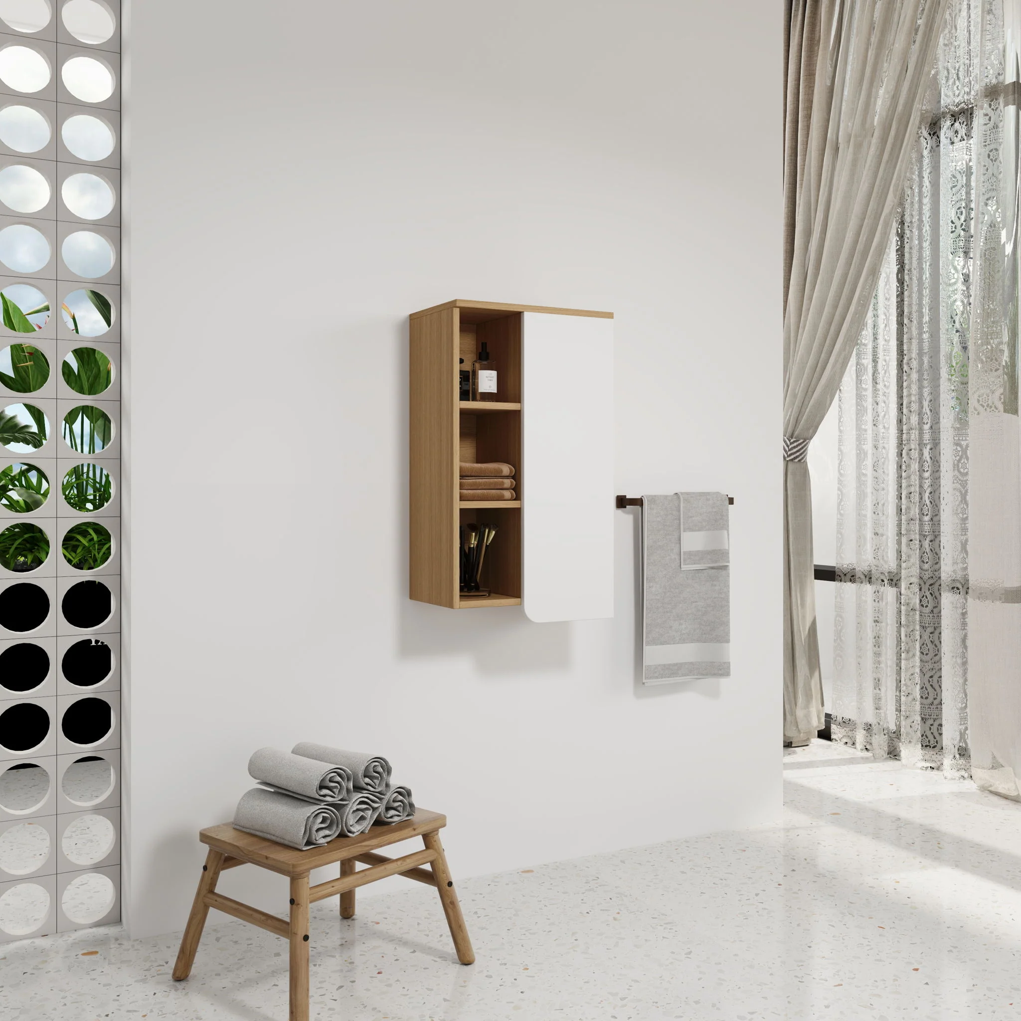 Wall Mounted Bathroom Side Cabinet, Single Door With 3 Tier Open Shelves - Black / Light Oak / White - Image 8