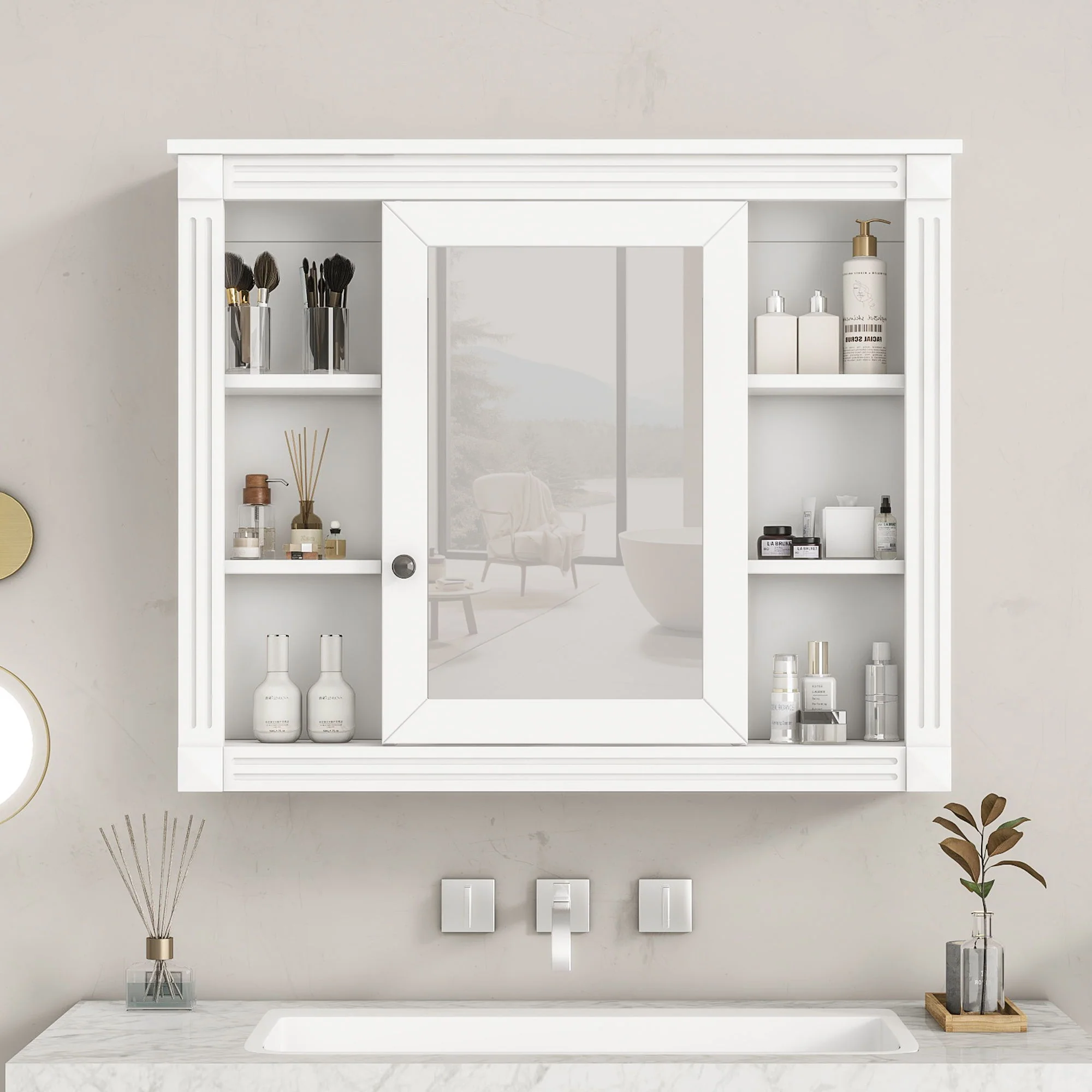 Wall Mounted Bathroom Storage Cabinet With Mirror, Cabinet With 6 Open Shelves And Adjustable Interior - Image 17