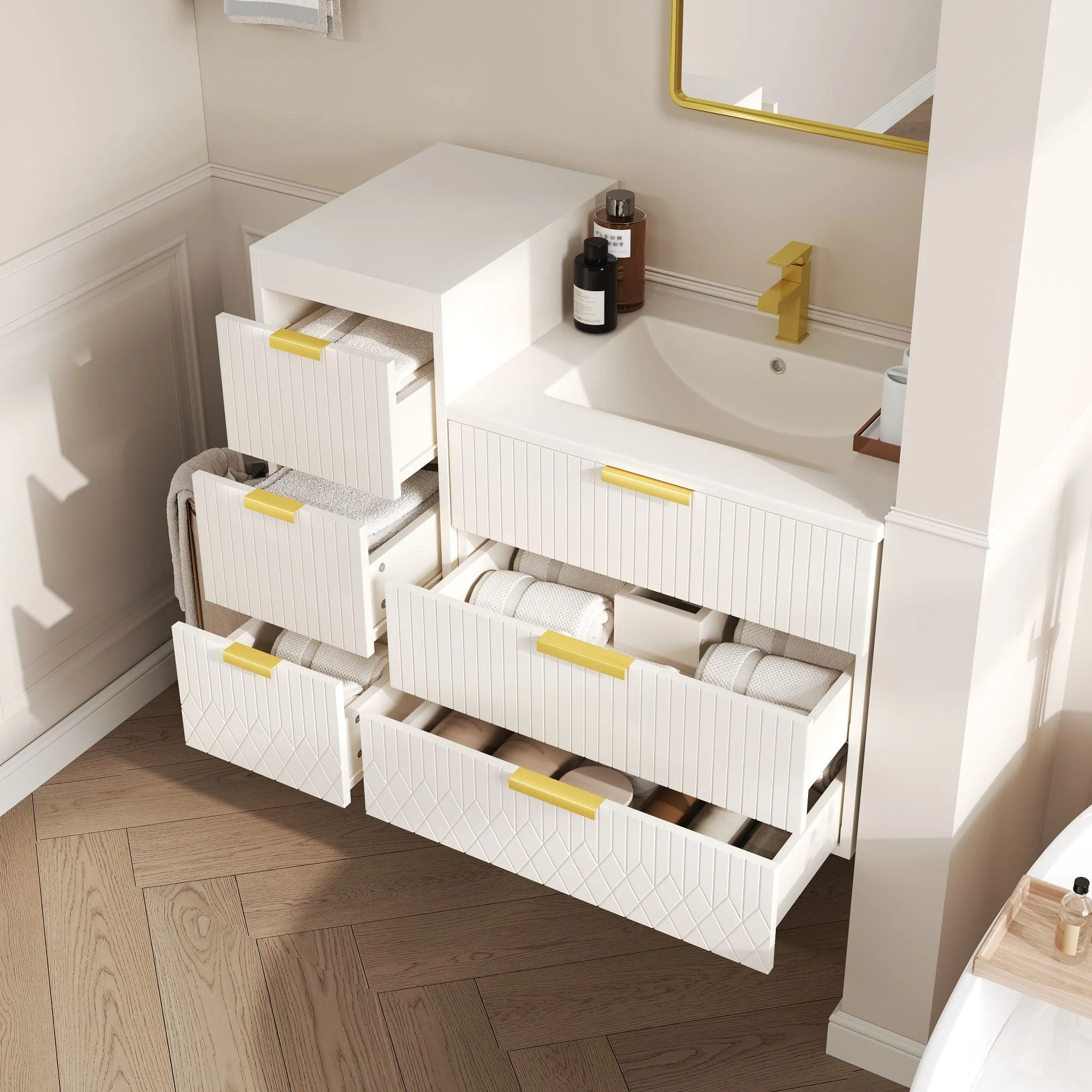 Wall Mounted Floating Cabinet With Side Cabinet Combo, Rectangular Ceramic Sink Vanity - Image 11