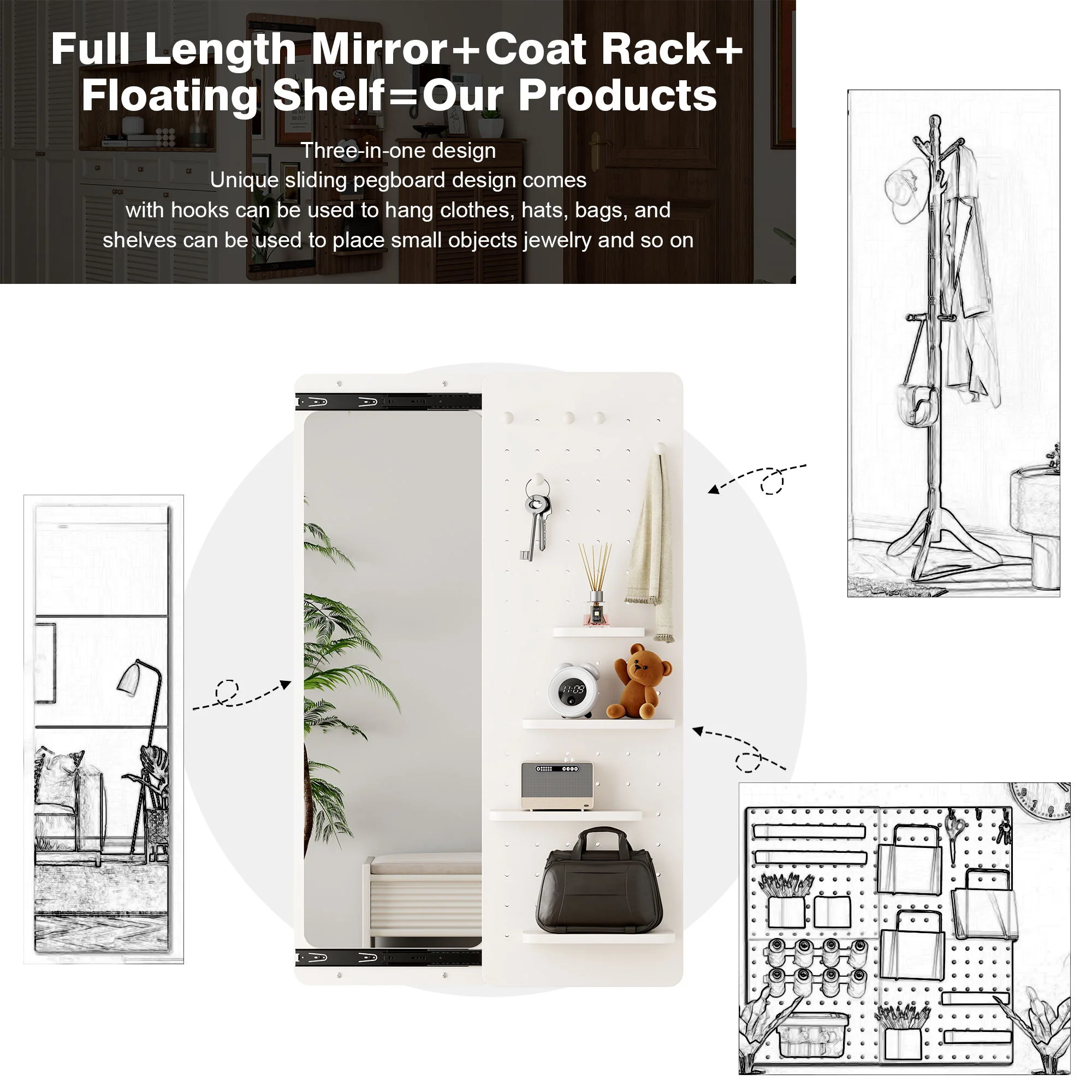 Wall Mounted Full Length Mirror With Shelf And Hook - Image 7