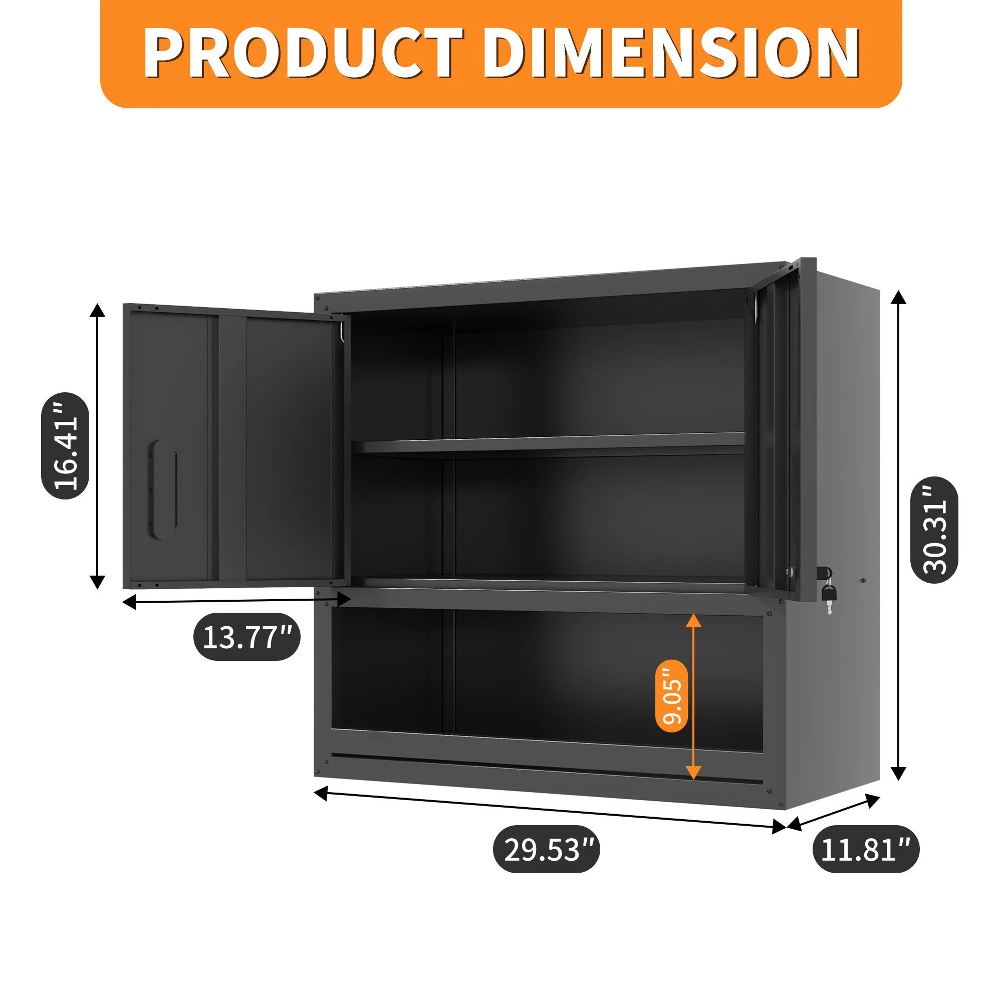 Wall-Mounted Storage Cabinet With Locking Door, 1 Shelf And Open Drawer - Black - Image 4