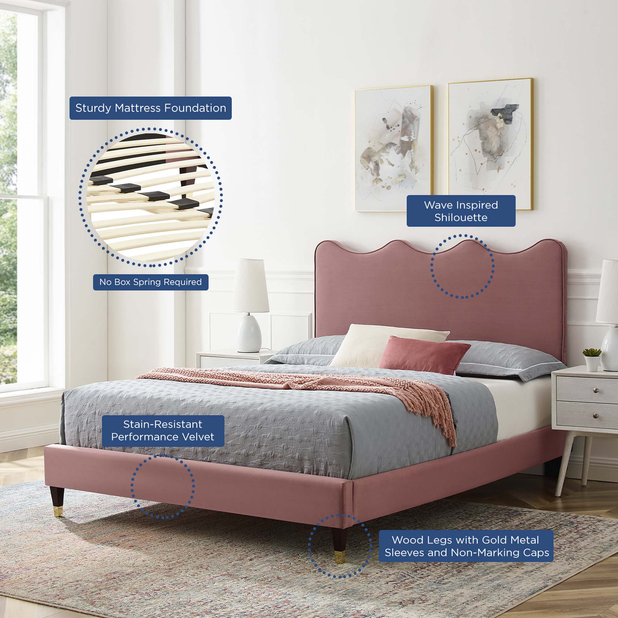 Wave-Inspired Scalloped Performance Velvet Platform Bed - Image 4