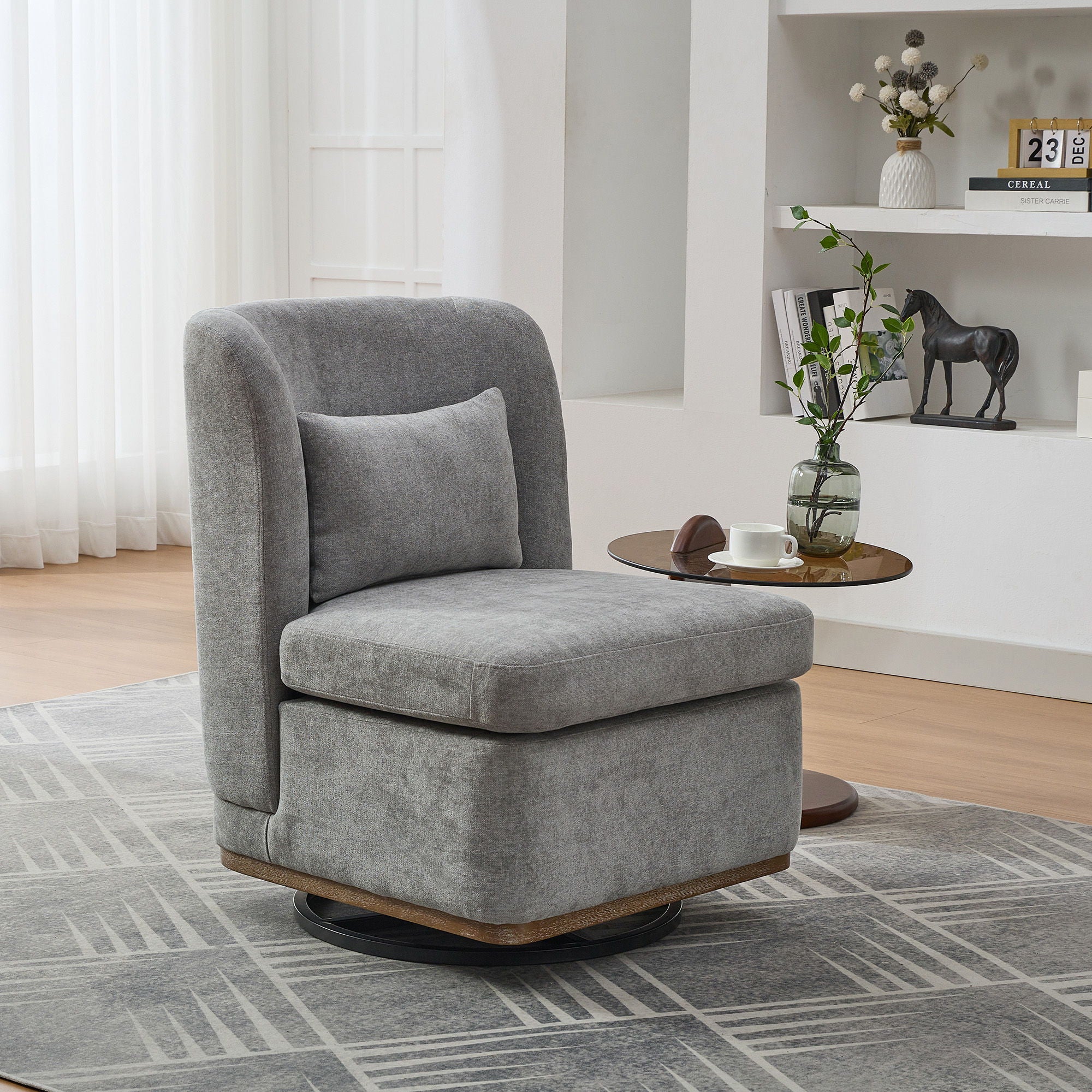 Wide Modern Cushioned Armless Metal Base 360° Swivel Chair With Pillow - Image 2