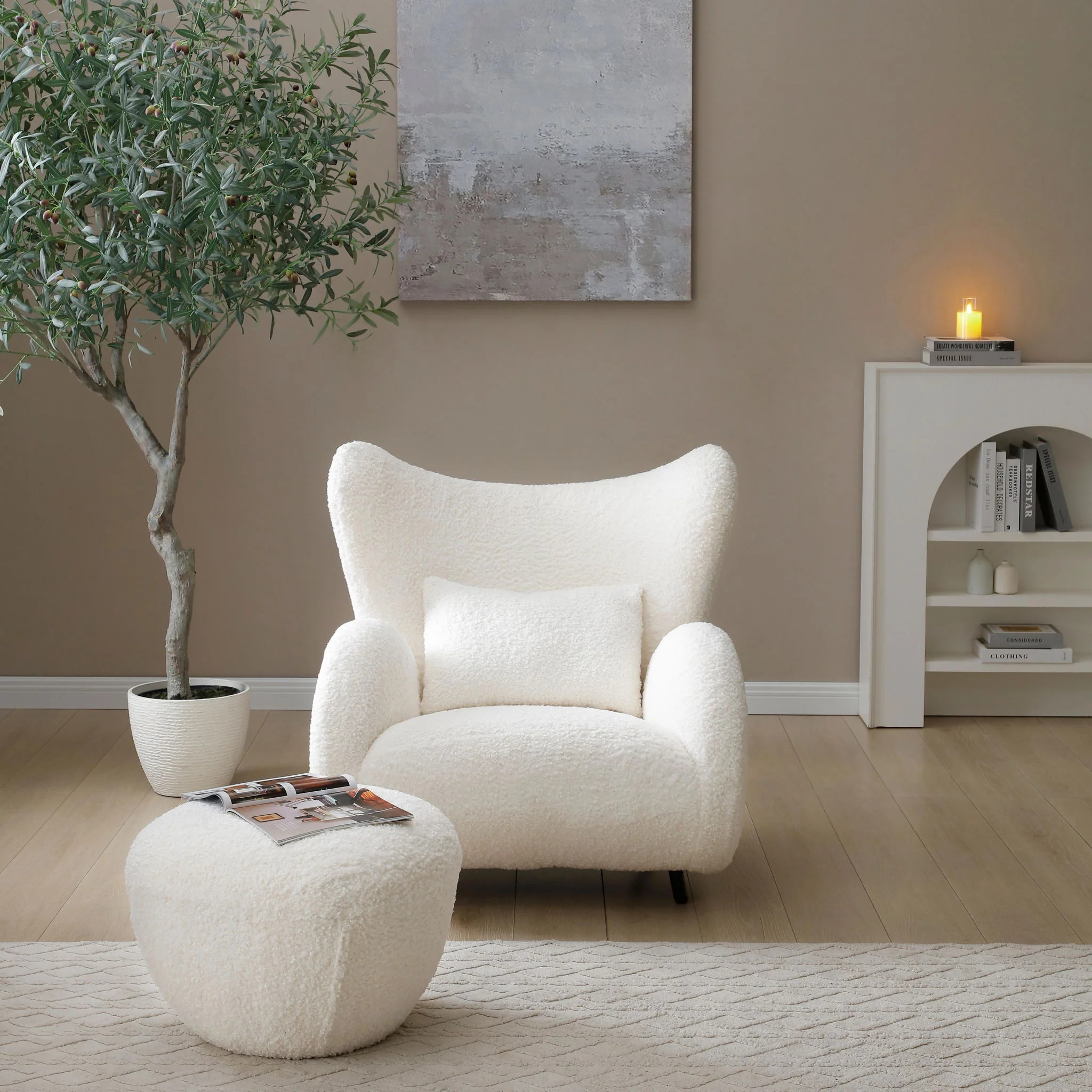 Wingback Armchair & Ottoman Combo For Living Room - White - Image 6