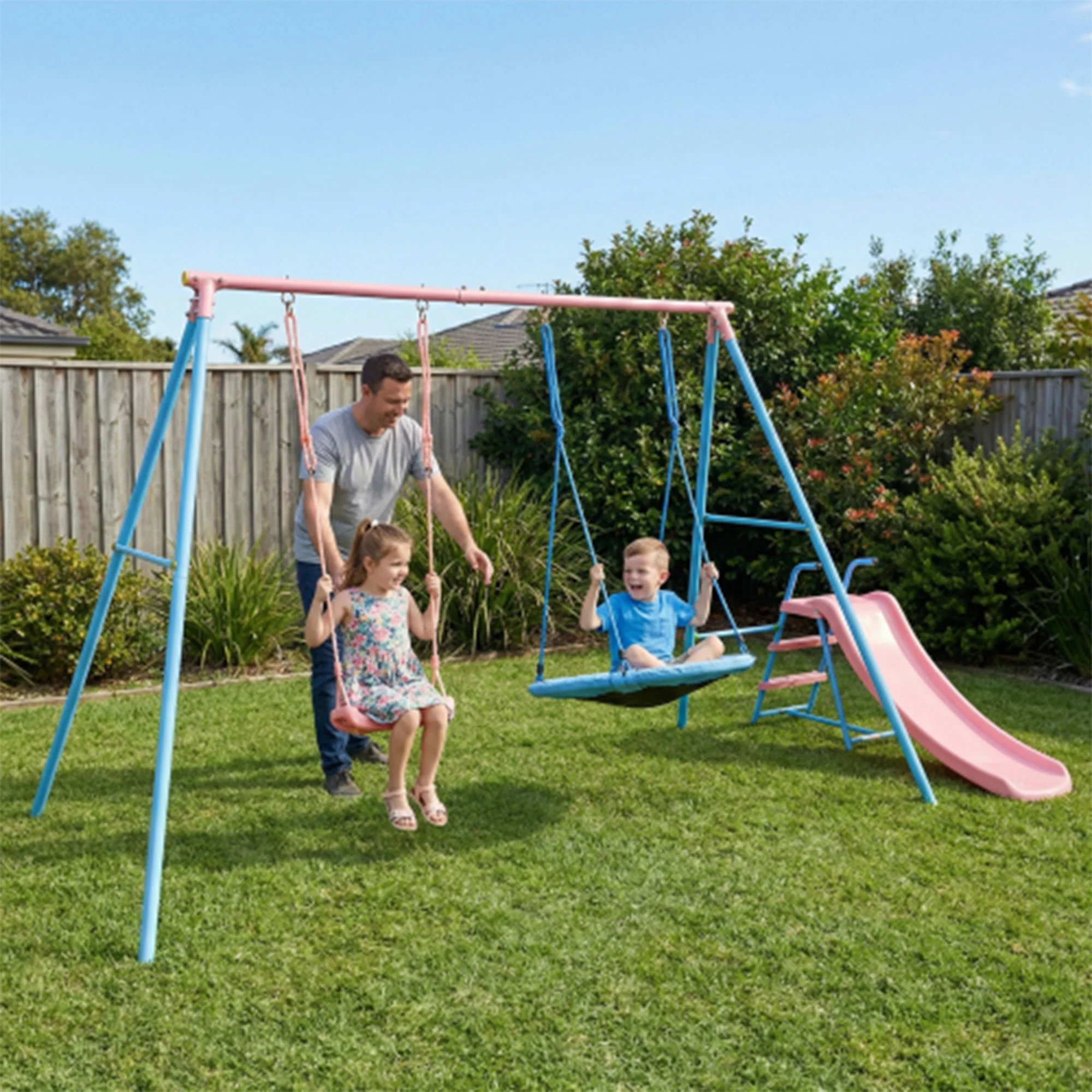 Xns107 - 2 Swing Set With Slide For Outdoor - Blue / Pink - Image 4